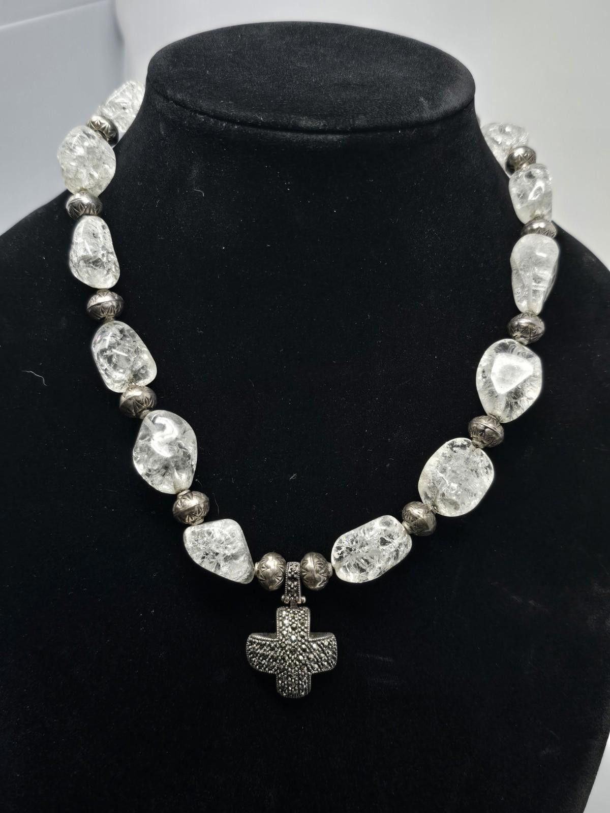 The Unbranded Brand Sterling Silver Marcasite Cross Necklace w/ Natural Quartz Size ONE SIZE - 1 Thumbnail