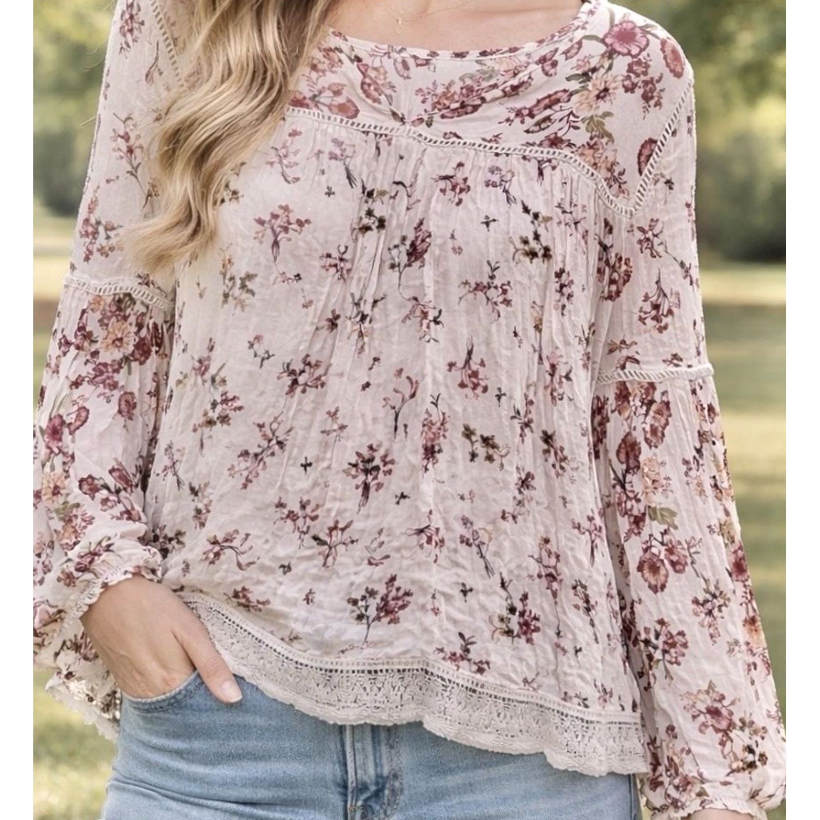 Vintage Knox Rose Blouse Long Sleeve Floral Lace Hem Rayon Pink XL Women’s Blouse, Boho Cottagecore, Rose Theme, Regular Fit Size XL / US 12-14 / IT 48-50 - 2 Thumbnail