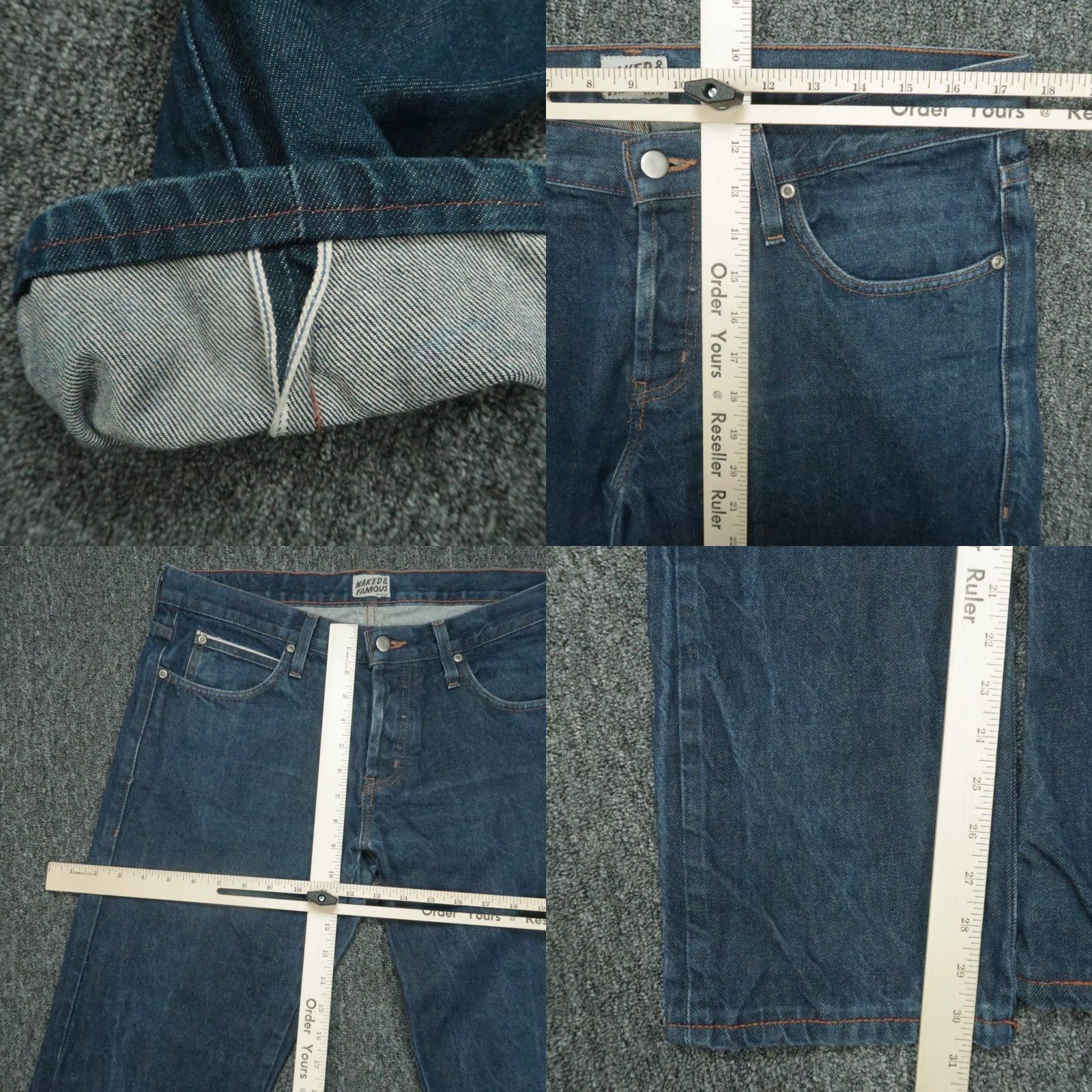 Vintage Naked & Famous Denim Jeans Mens 34x31 Indigo Revival Selvedge Button Fly Slim Straight 5-Pocket Size US 34 / EU 50 - 8 Thumbnail