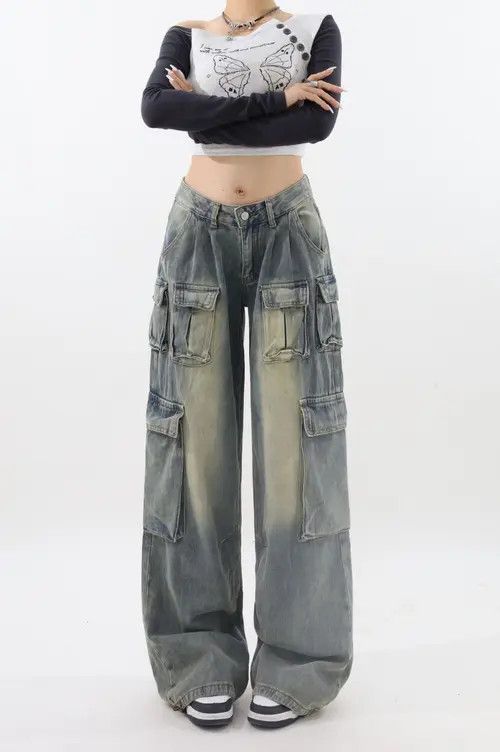 image of Vintage Retro Low Waist Cargo Jeans in Blue, Women's (Size 36)