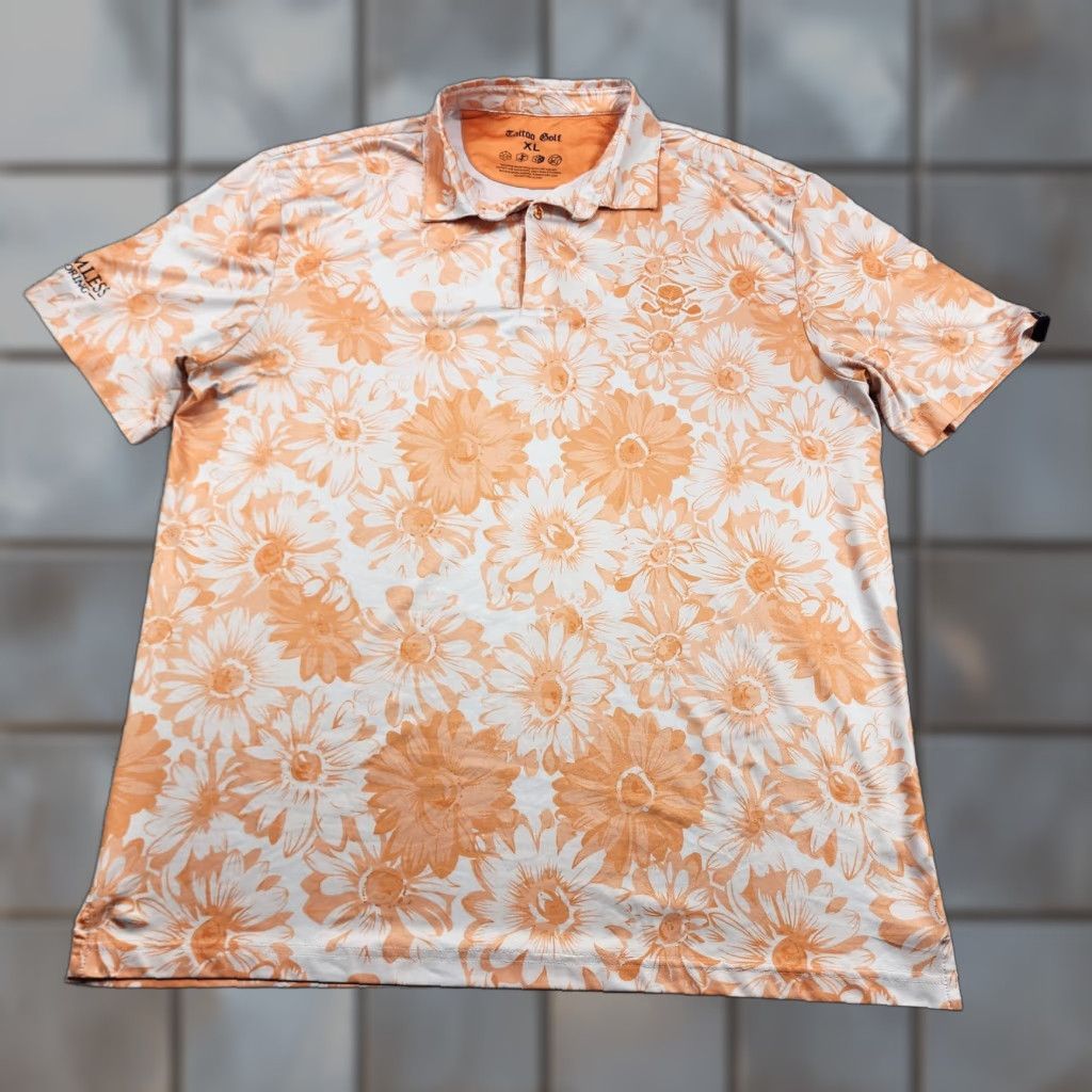 Vintage Tattoo Golf Polo Shirt Mens XL Orange White Floral Daisy Print Skull Logo Aloha Shirt Size US XL / EU 56 / 4 - 1 Thumbnail