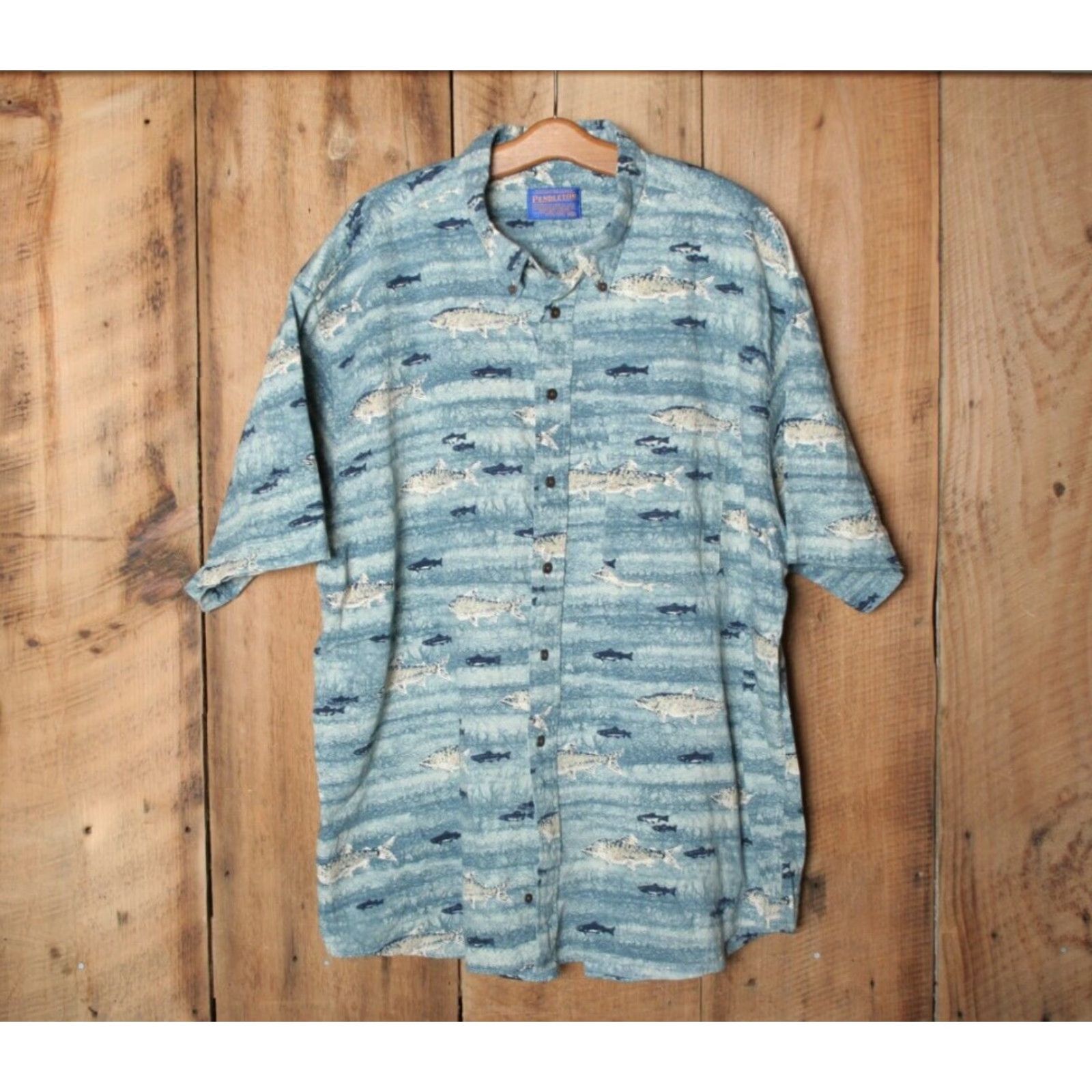 Pendleton Pendleton Blue Fish Print 100% Cotton Short Sleeve Button Front Shirt XXL Men Size US XXL / EU 58 / 5 - 2 Thumbnail
