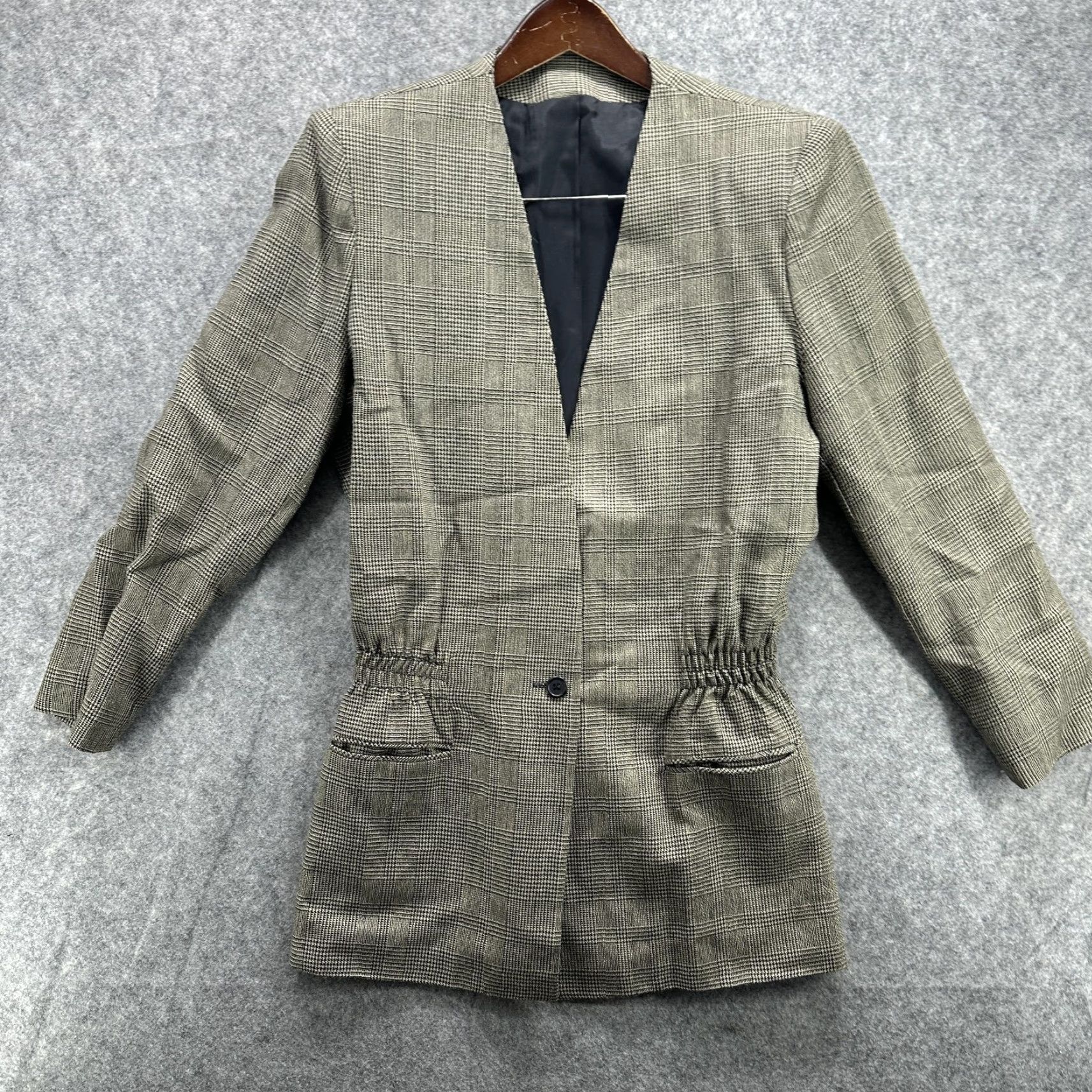 Vintage Woodward Blazer Womens 6 Gray Glen Plaid Single Button Elastic Waist Mid-Length Jacket Coats Business Workwear Size M / US 6-8 / IT 42-44 - 2 Thumbnail