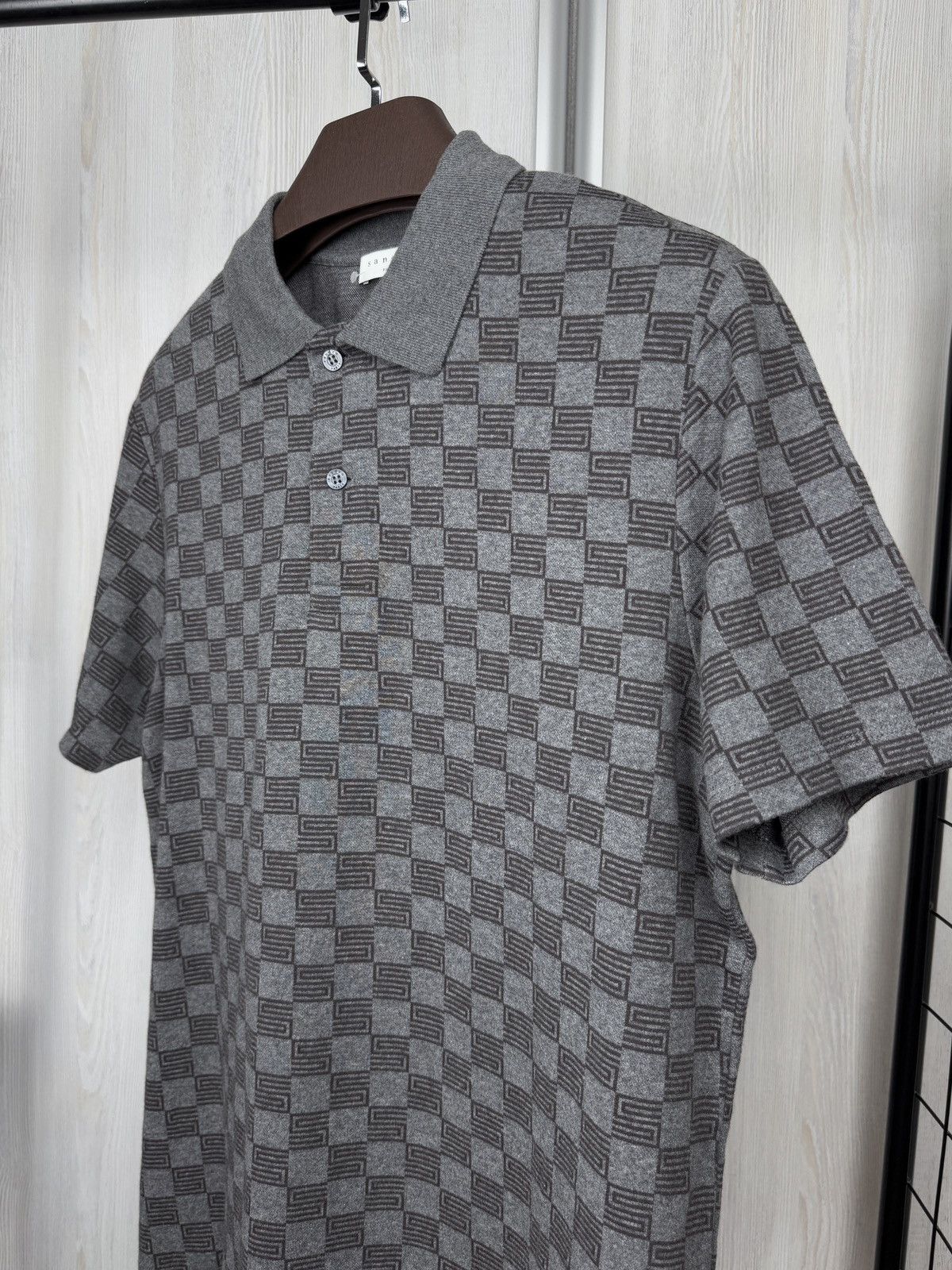 Sandro Sandro Grey Check Print Cotton Pique Polo T-Shirt L-XL Size US XL / EU 56 / 4 - 5 Thumbnail