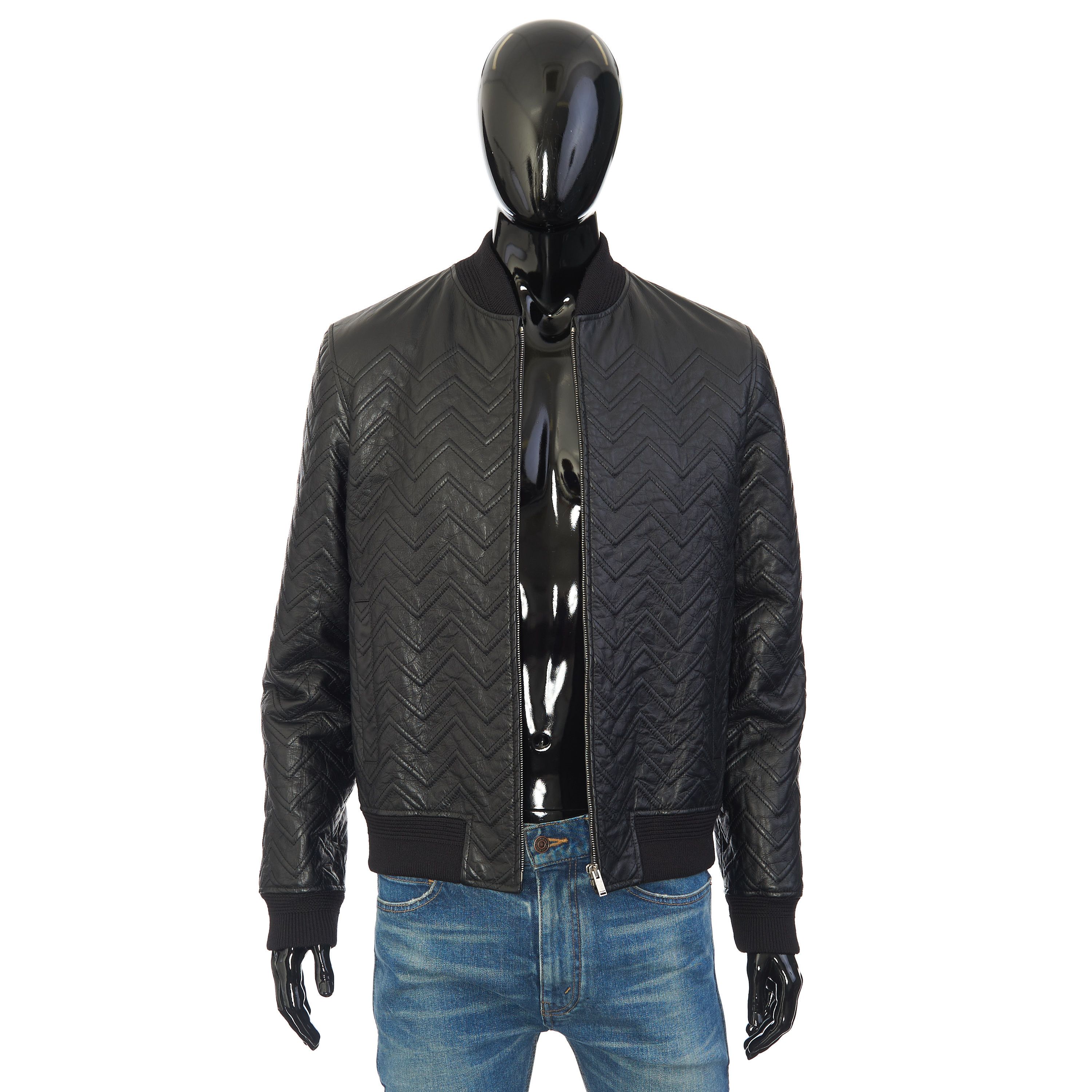 Oversized Bomber Jacket In Black Chevron Leather Size 50