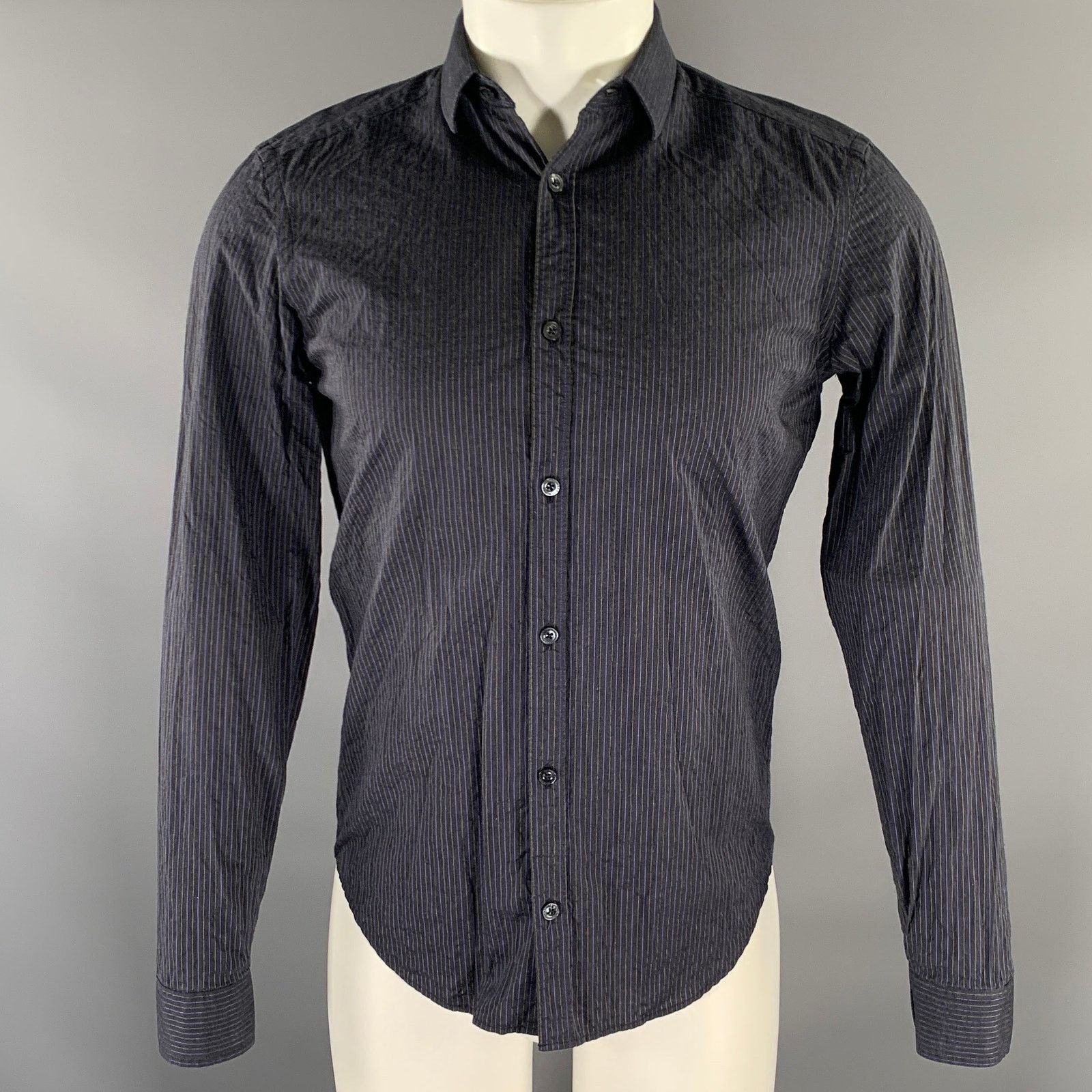 Burberry BURBERRY Size S Navy Grey Pinstripe Cotton Long Sleeve Shirt Size US S / EU 44-46 / 1 - 1 Thumbnail