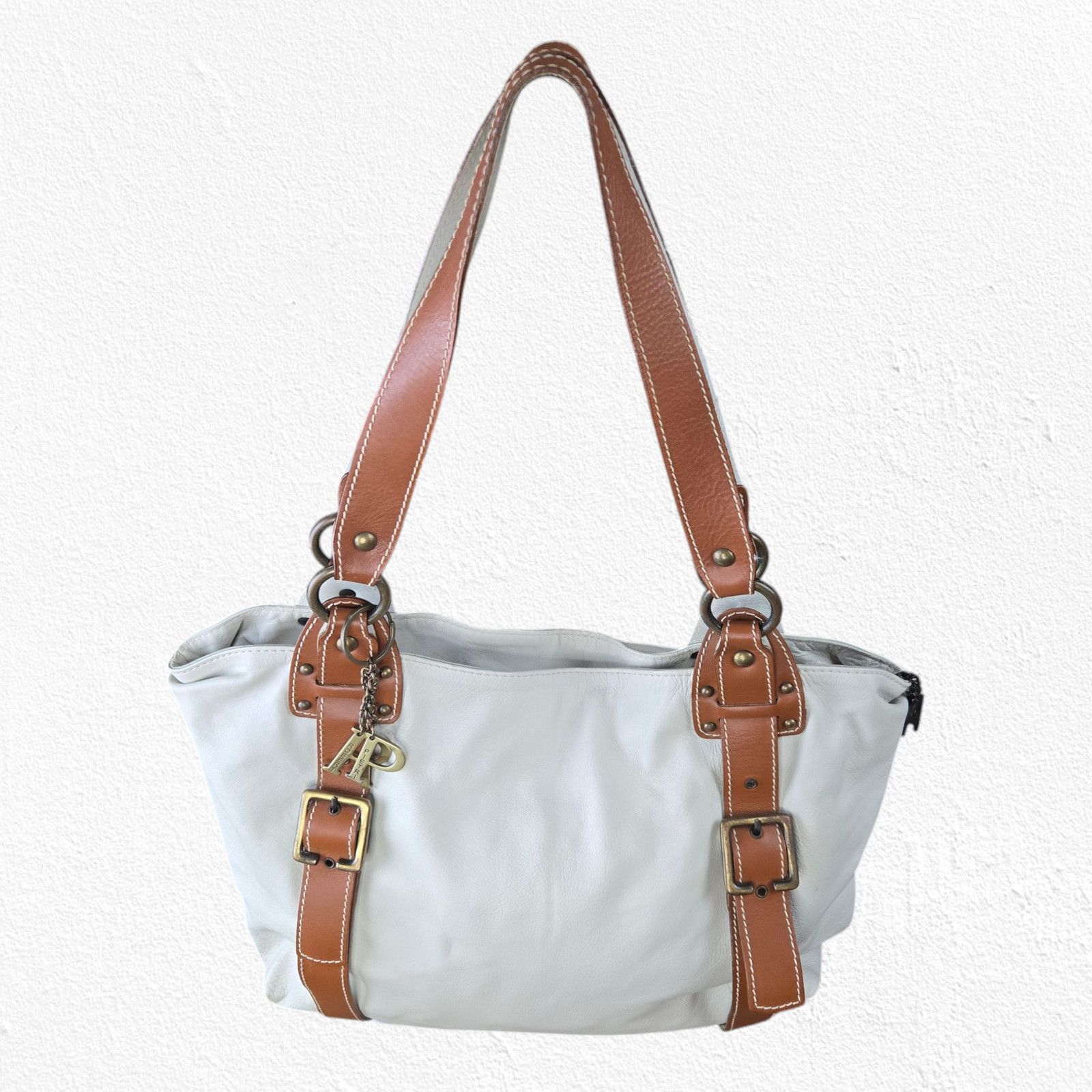 Vintage Y2K White Tan Pebbled Leather Tote Shoulder Bag Size ONE SIZE - 2 Thumbnail