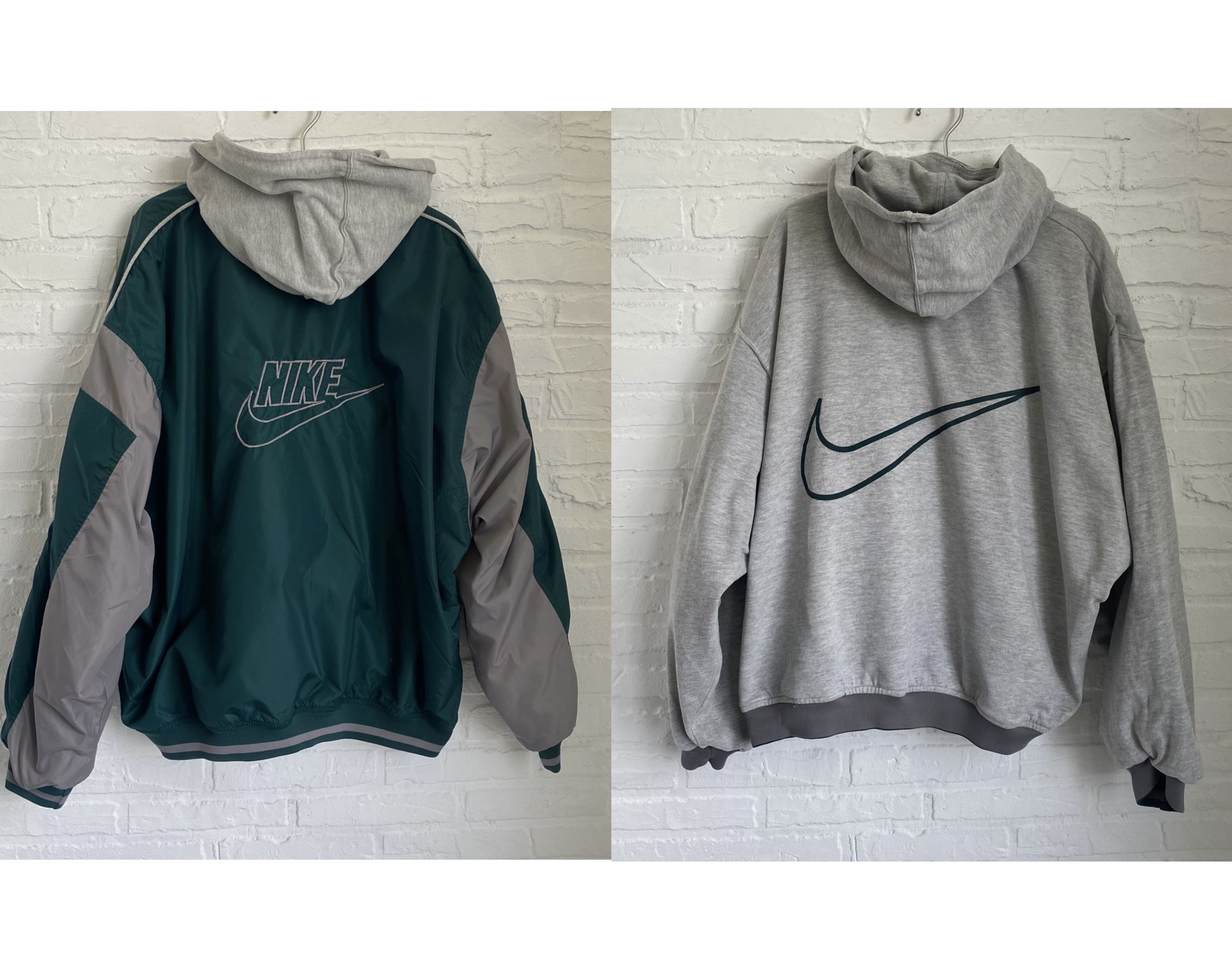 image of 90's Nike Big Swoosh Reversible Bomber Jacket in Green/Grey, Men's (Size XL)