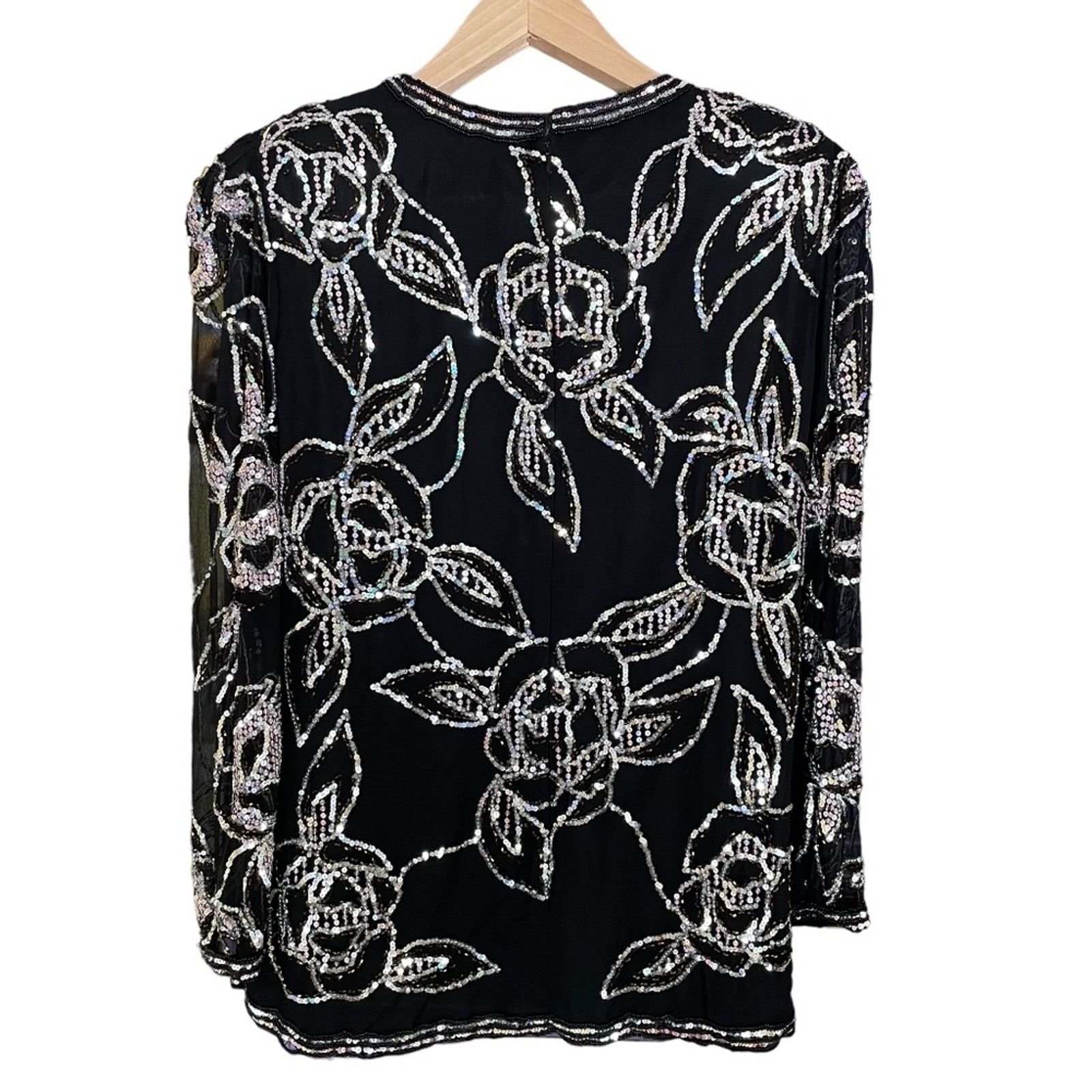 Oleg Cassini × Vintage Authentic Oleg Cassini Vintage Beaded Black Silk Floral Top Size M / US 6-8 / IT 42-44 - 2 Thumbnail