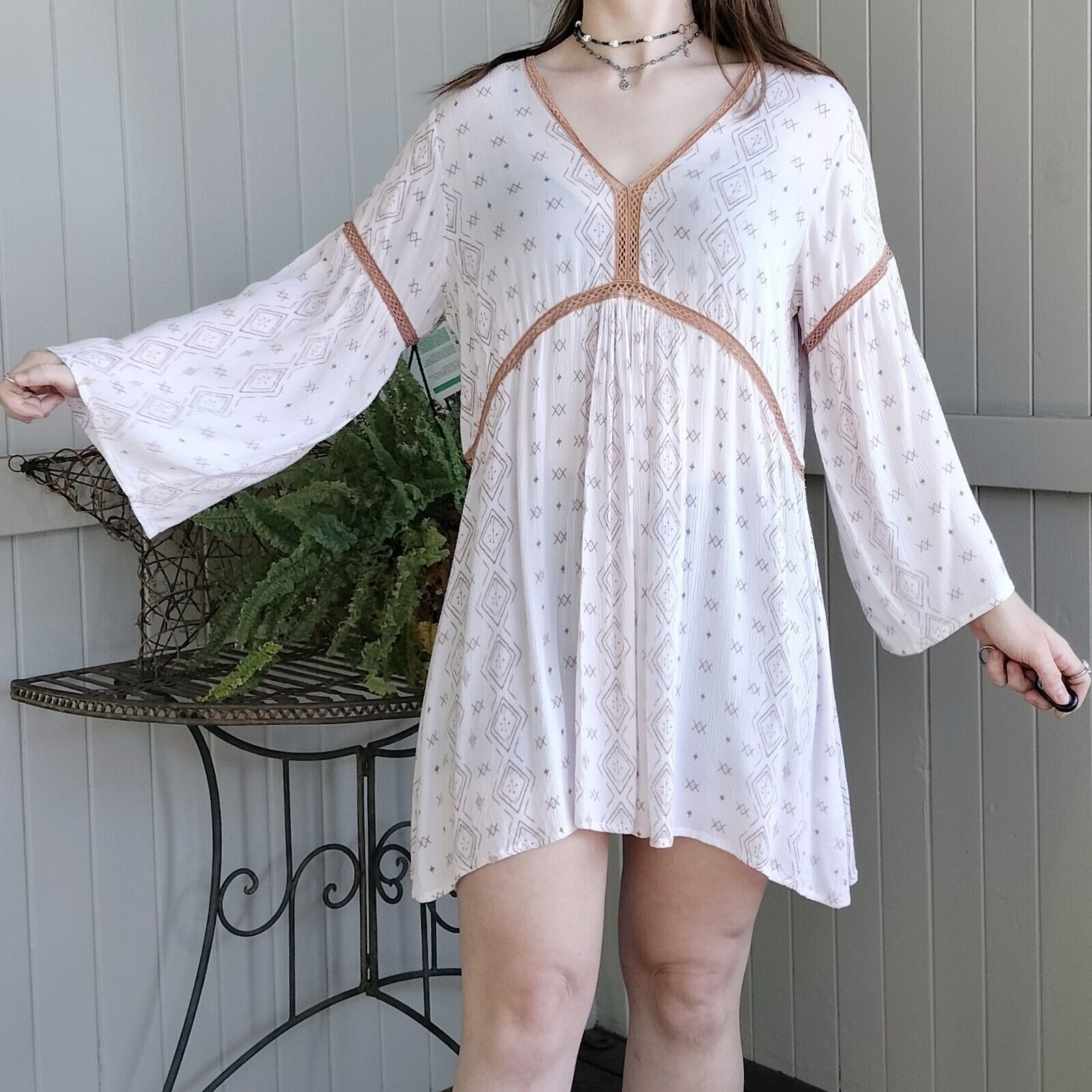 Designer Talisman Dress Tunic Pleated Bell Sleeve Shift Hippie Summer Size XL / US 12-14 / IT 48-50 - 1 Thumbnail