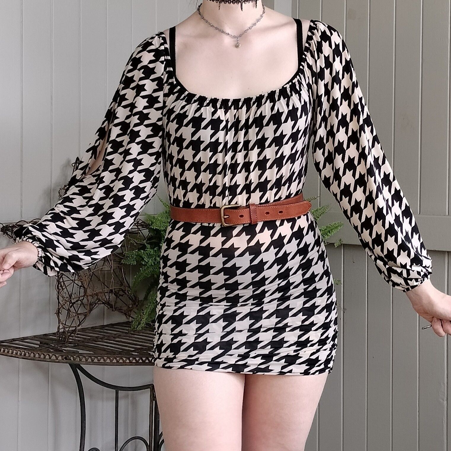 Other Vintage Y2K 2000s Dress Cream Black Mini Bodycon Houndstooth Size M / US 6-8 / IT 42-44 - 1 Thumbnail