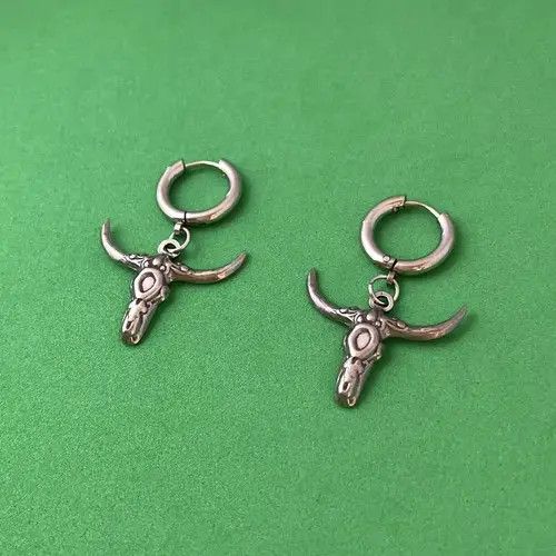 Designer × Sterling Silver × Vintage 925 Silver Plated Bull Skull Dangle Drop Earrings for Men Size ONE SIZE - 2 Thumbnail