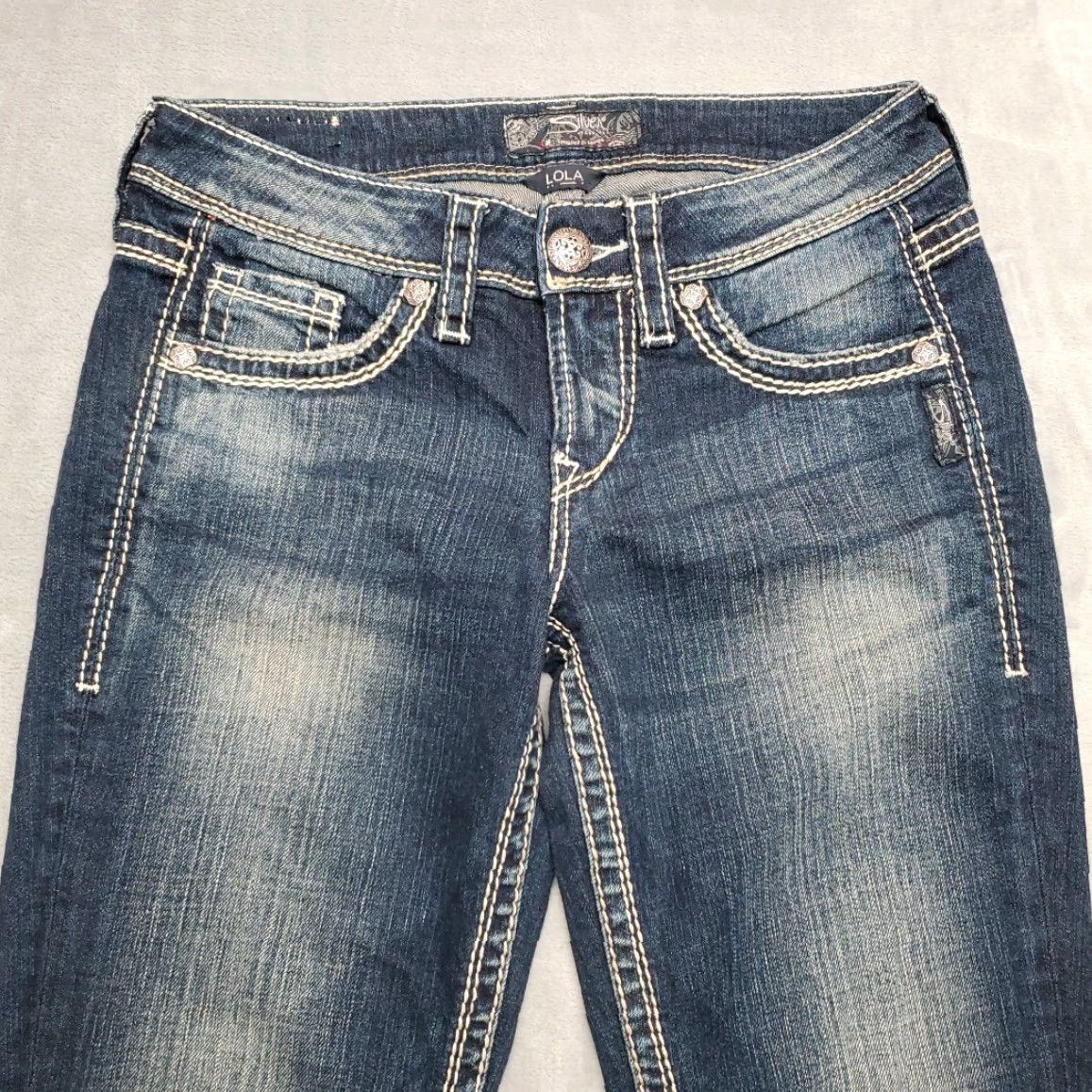 Silver Jeans Co. VINTAGE Silver Jeans Womens 26x31 Lola Bootcut Stretch Thick Stitch Cowboy Jeans Blue Solid Denim Inseam 31in Pockets Belt Loops Mens Women Girls Size 26" / US 2 / IT 38 - 3 Thumbnail