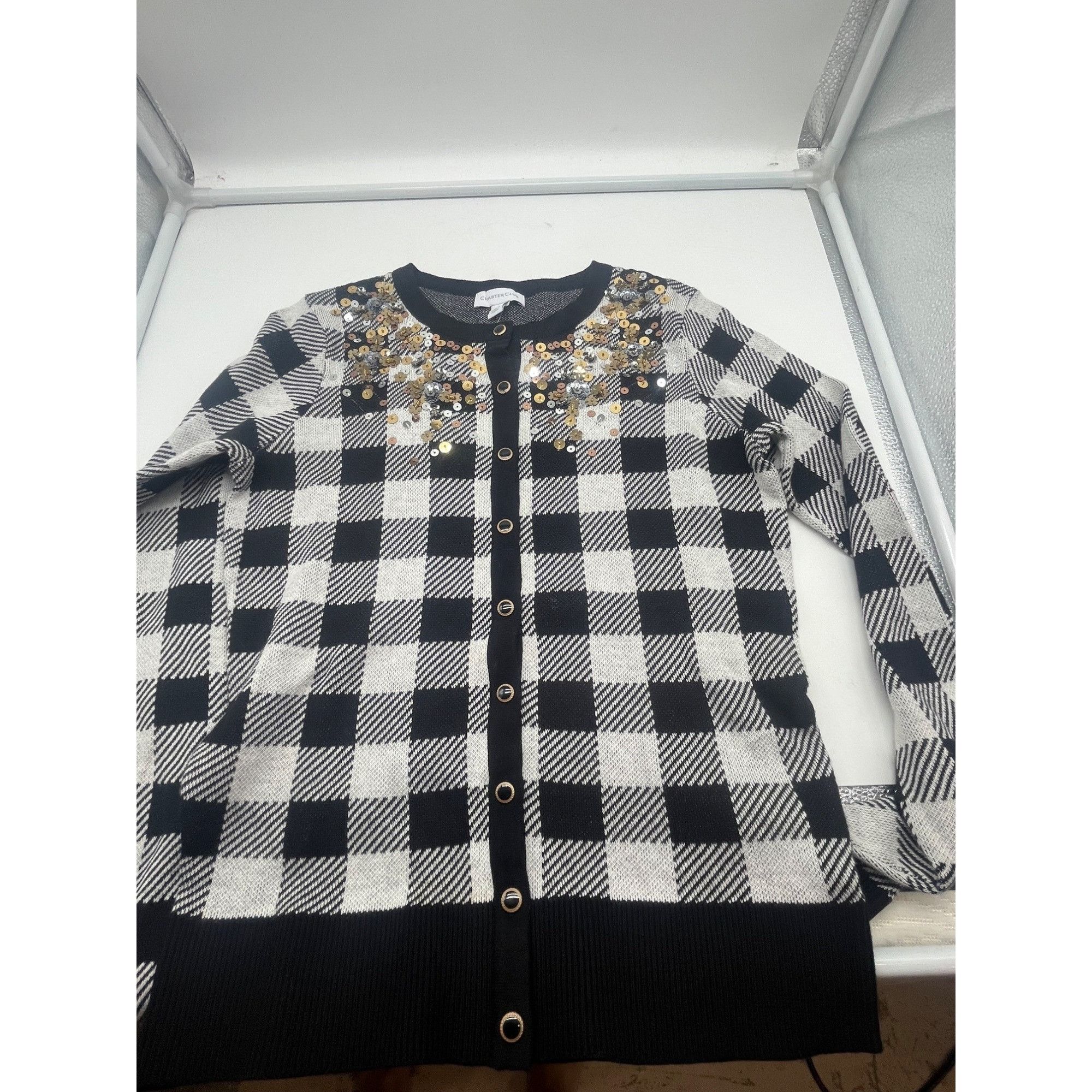 Other Charter Club Plaid Sequined Cardigan, Cloud Combo, XS Size XS / US 0-2 / IT 36-38 - 9 Thumbnail