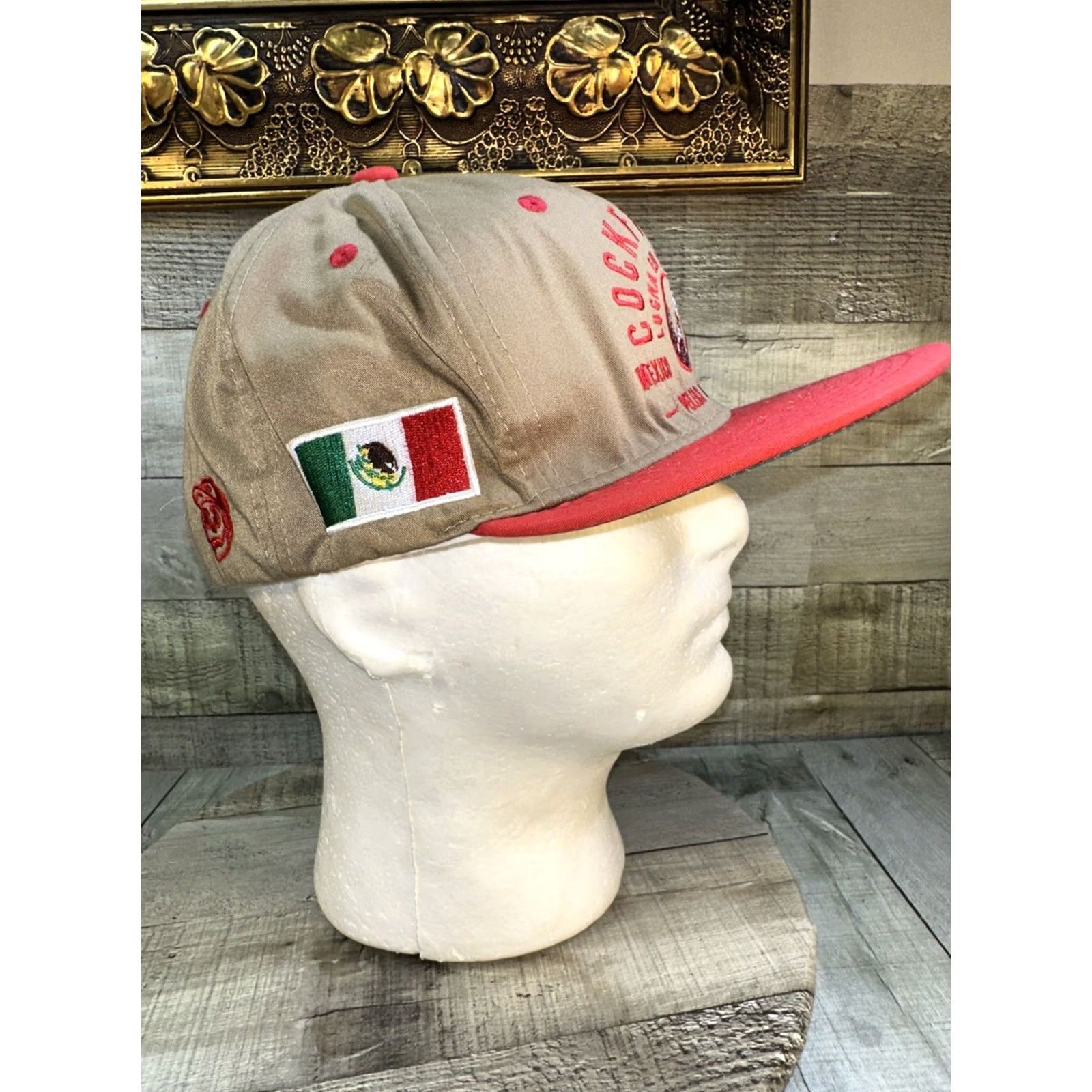 Vintage Unbranded Cockfighting Mexico USA Snapback Hat Cap Beige Beige Tan crown / red brim Men One Size Adjustable snapback Size ONE SIZE - 3 Thumbnail