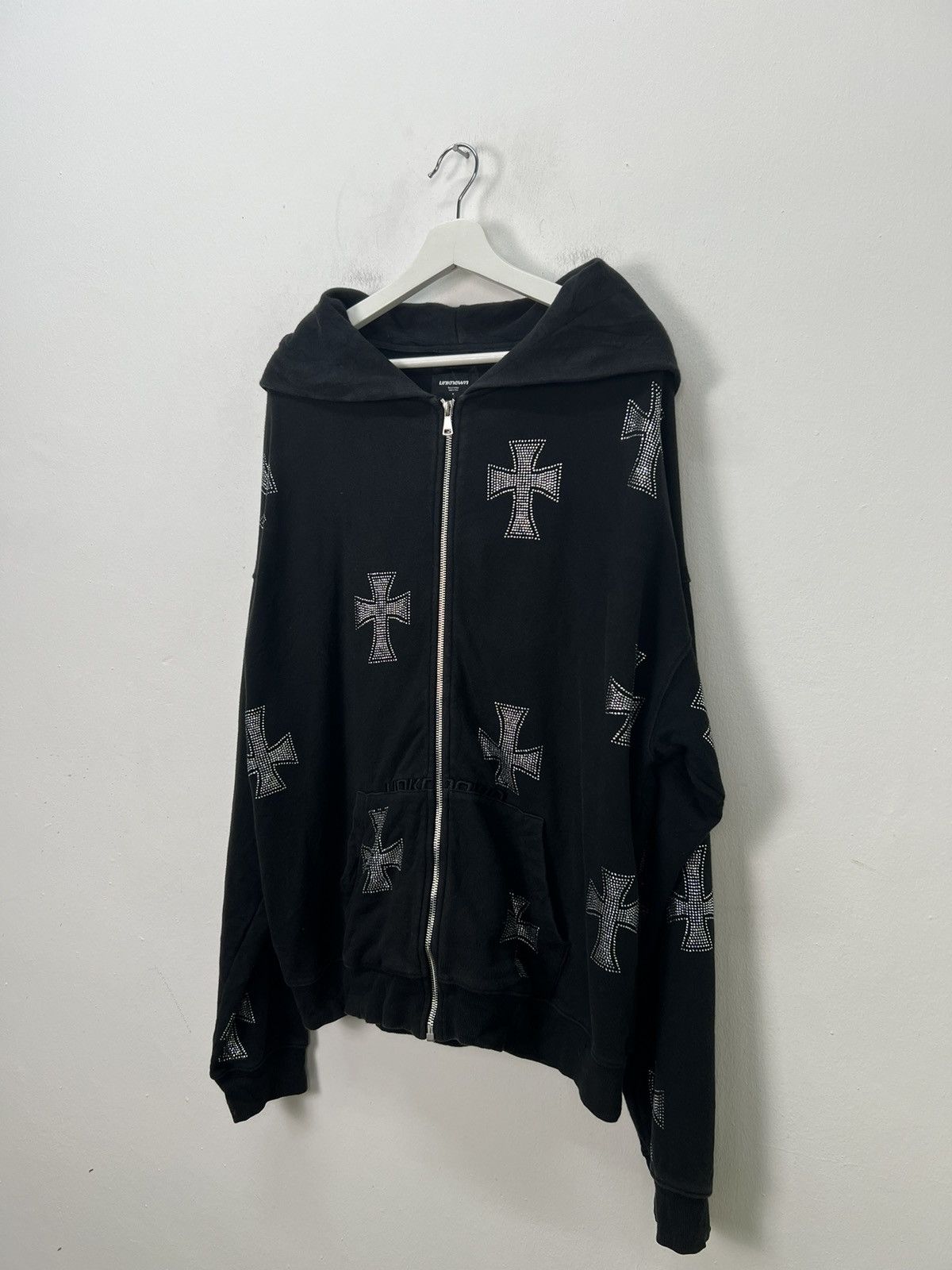 Unknown London Black Cross Rhinestone Zip-Up Hoodie | Grailed