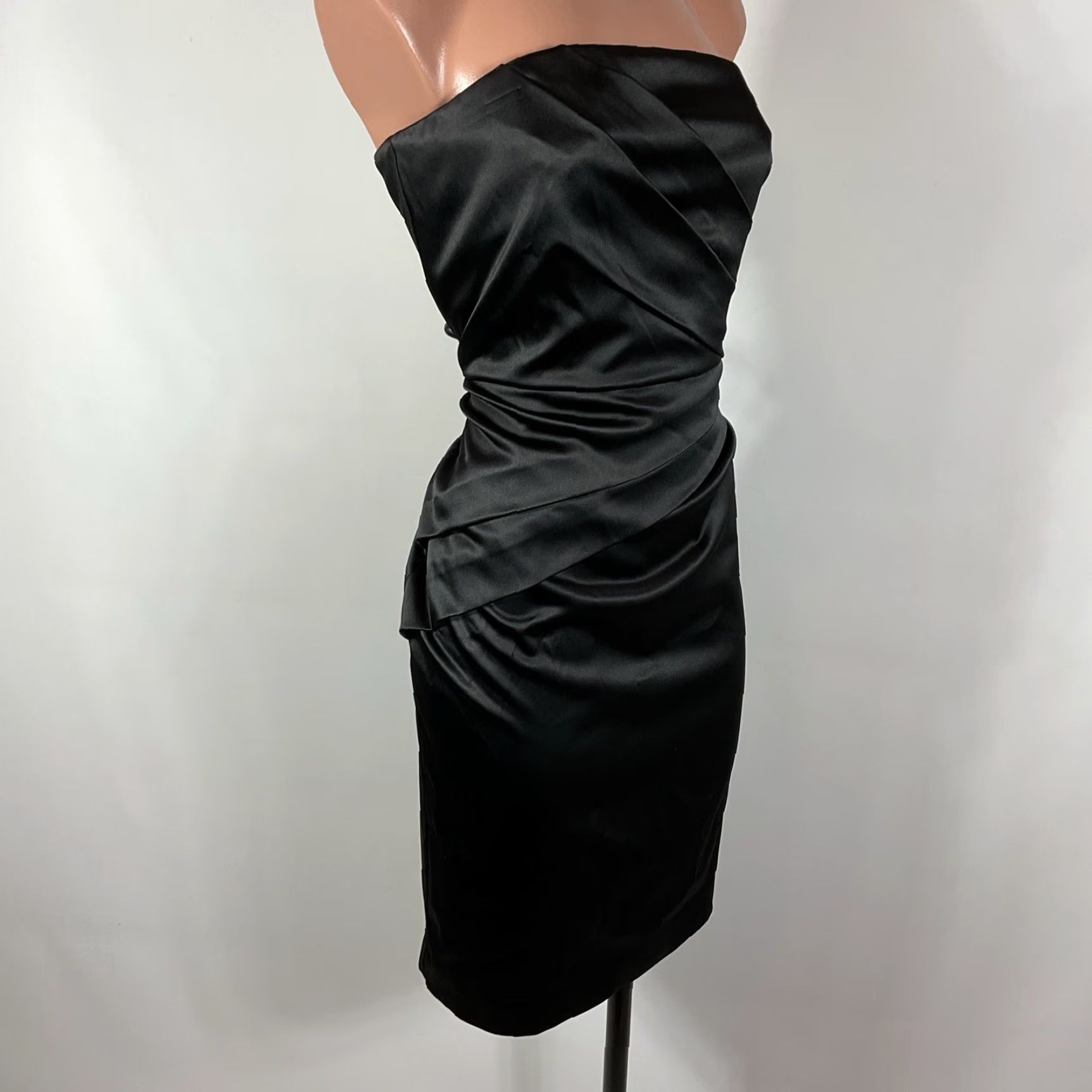 VINTAGE White House Black Market Dress Ball Gown Strapless Ruched Satin  Knee Length Black 6 Womens