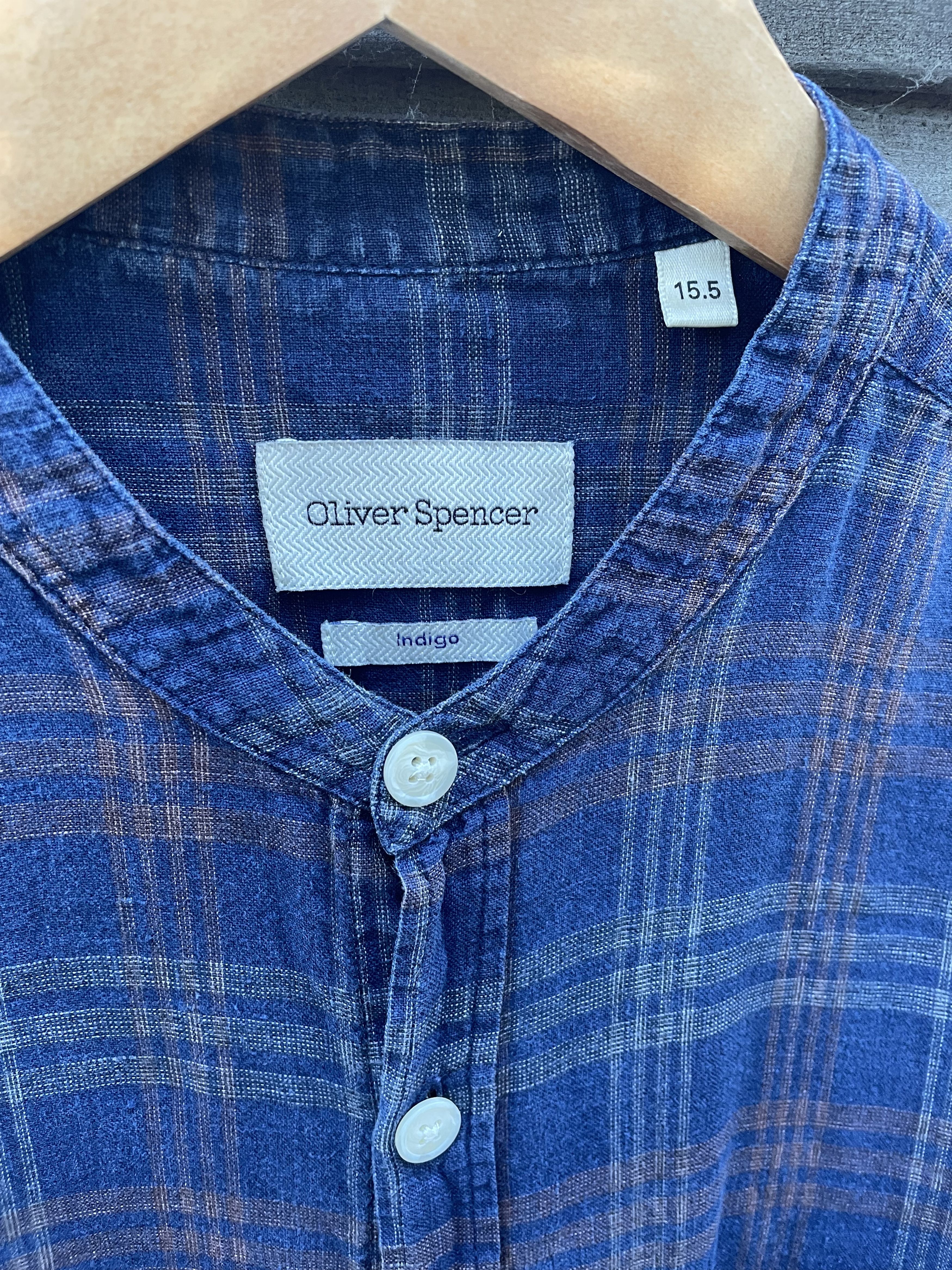 Oliver Spencer Linen Indigo Plaid Band Collar Shirt Size US M / EU 48-50 / 2 - 2 Thumbnail