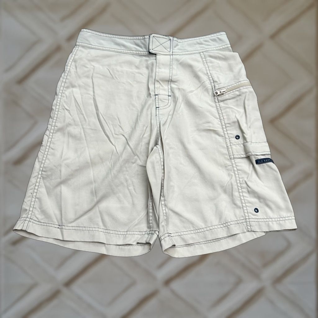 Old Navy VINTAGE Old Navy Cargo Board Shorts Mens S Beige 100% Nylon Swim Water Breathable Pockets Elastic Waist Beach 90s Mens Size US 29 - 1 Thumbnail