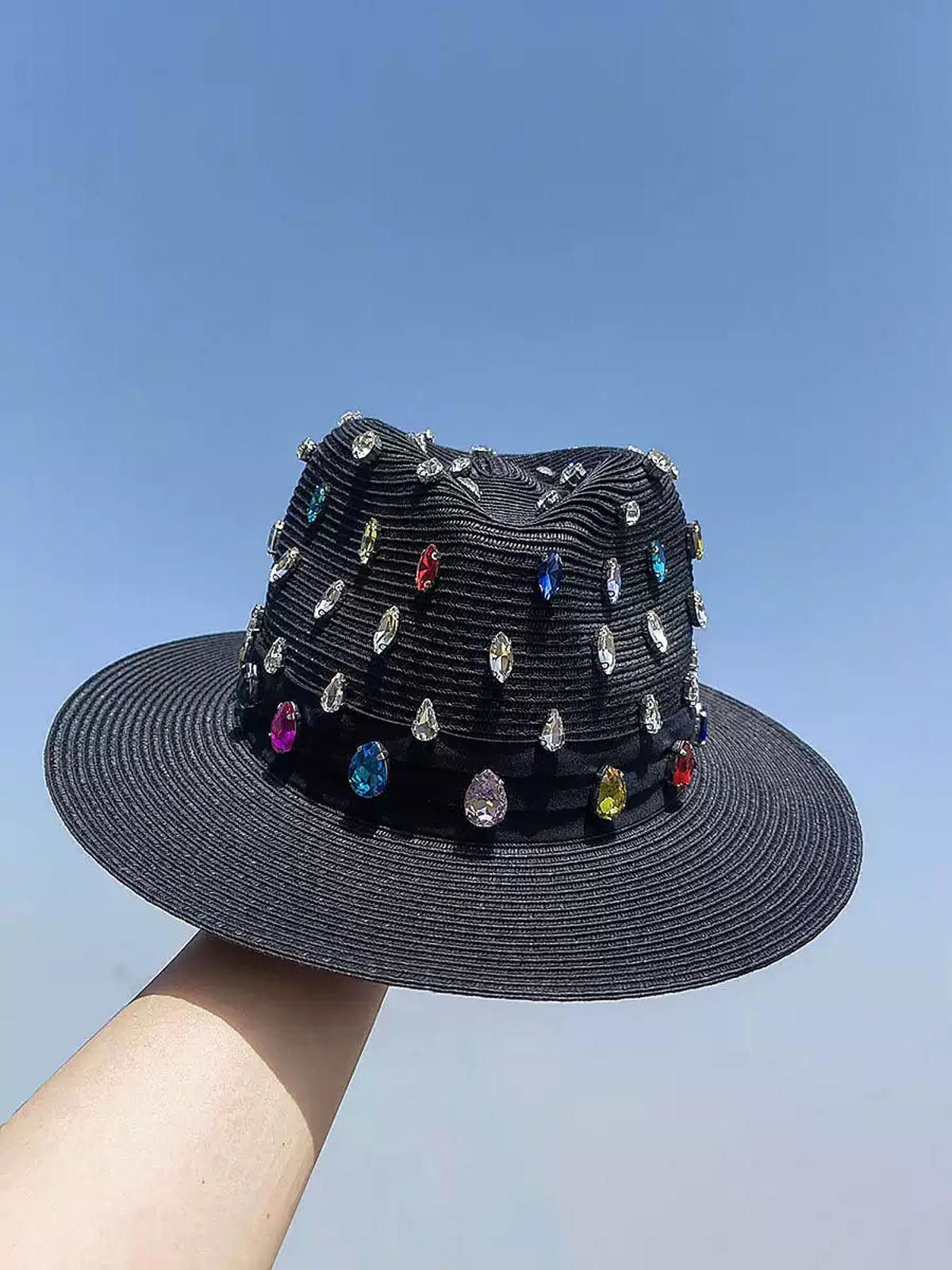 Japanese Brand Black Wide Brim Hat with Colorful Gem Embellishments Size ONE SIZE - 1 Preview