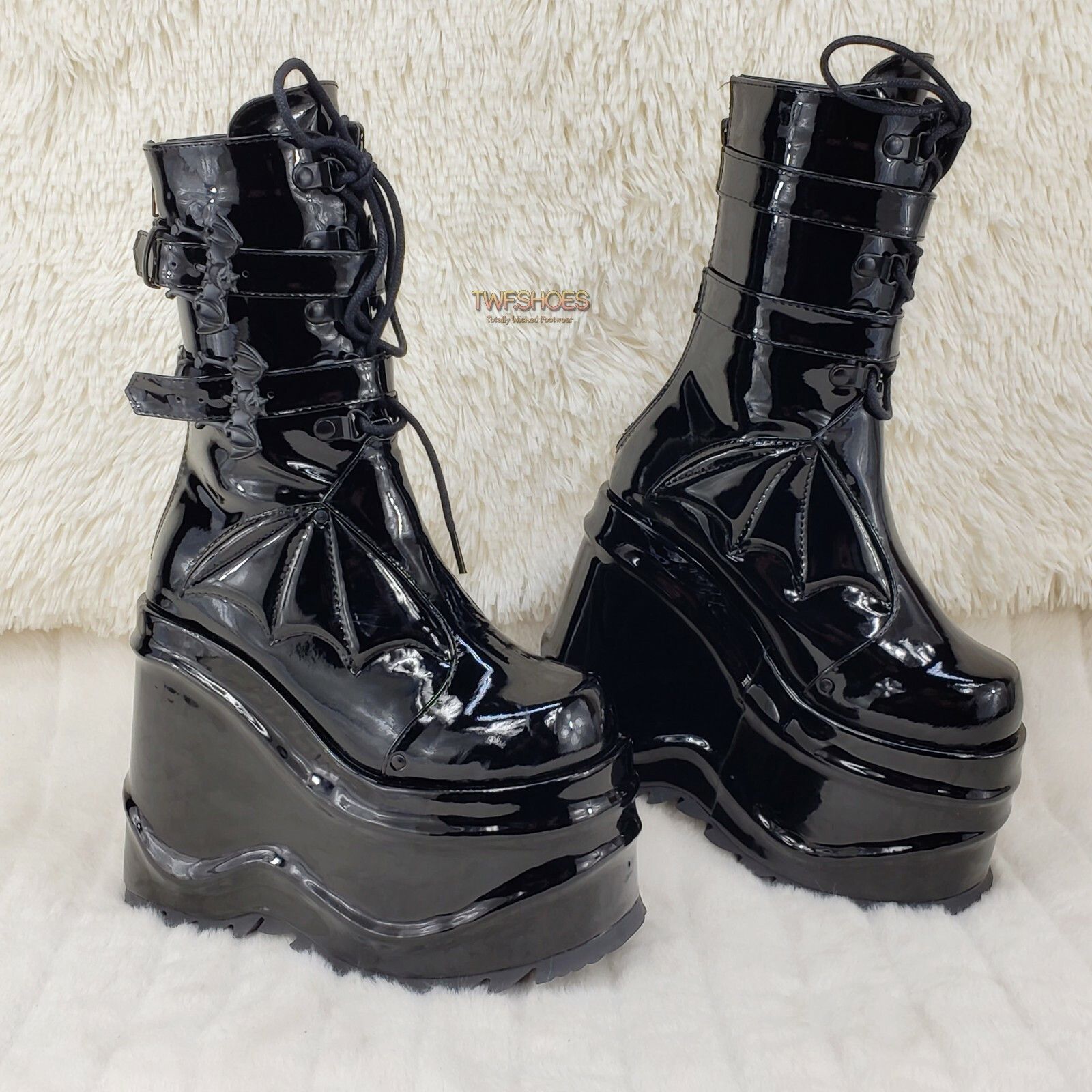 Demonia Cult DEMONIA Wave 150 Bat Wing 6" Platform Goth Mid Calf Boots Bl Size US 12 / IT 42 - 7 Thumbnail