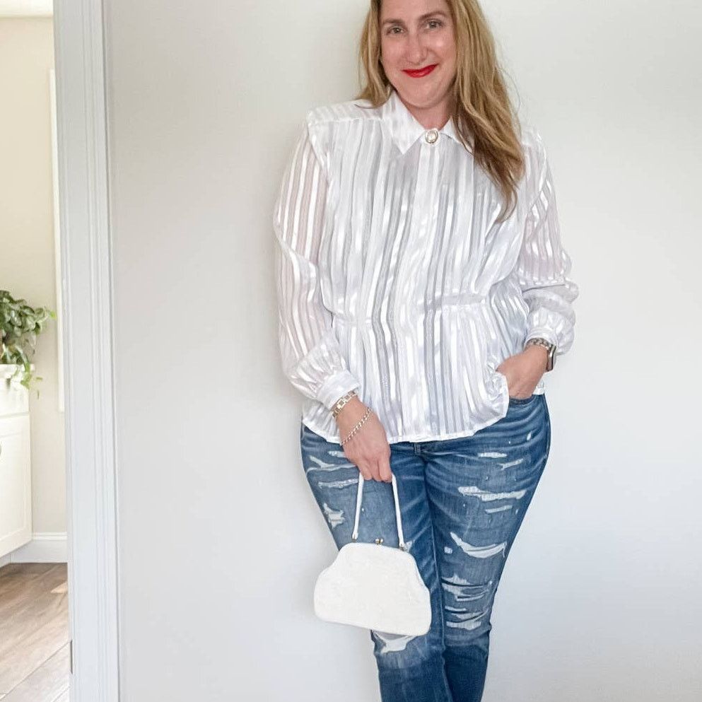 Vintage Vintage sheer stripe peplum decorative button blouse 10/M Size M / US 6-8 / IT 42-44 - 8 Thumbnail