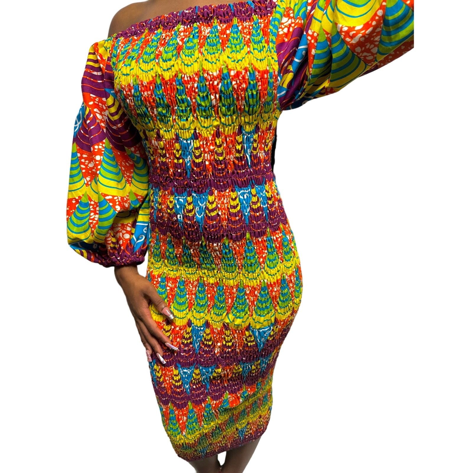 Other Yellow multicolored African print body con dress puff sleeve Size M / US 6-8 / IT 42-44 - 4 Thumbnail