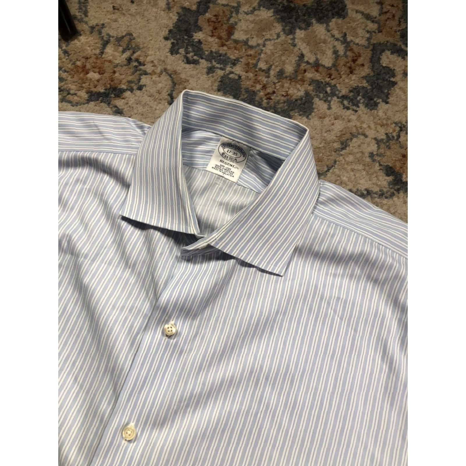 Brooks Brothers Brooks Brothers Dress Shirt Mens 17 34/35 Blue Stripe Non-Iron Supima Regent Shirt Slim Striped Pattern Size 46R - 7 Thumbnail