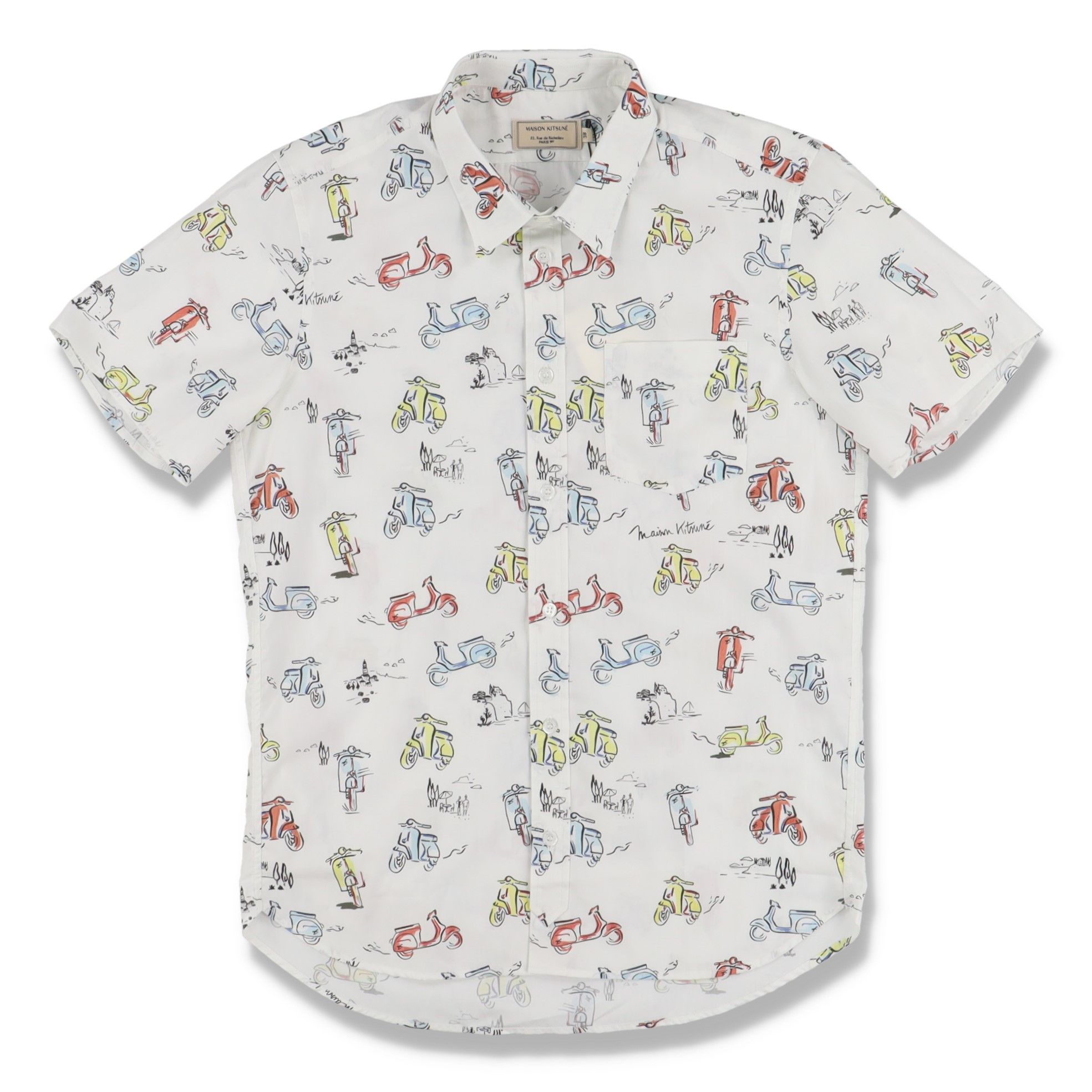 Maison Kitsune White All Over Scooter Print Short Sleeve Shirt Size US S / EU 44-46 / 1 - 1 Thumbnail
