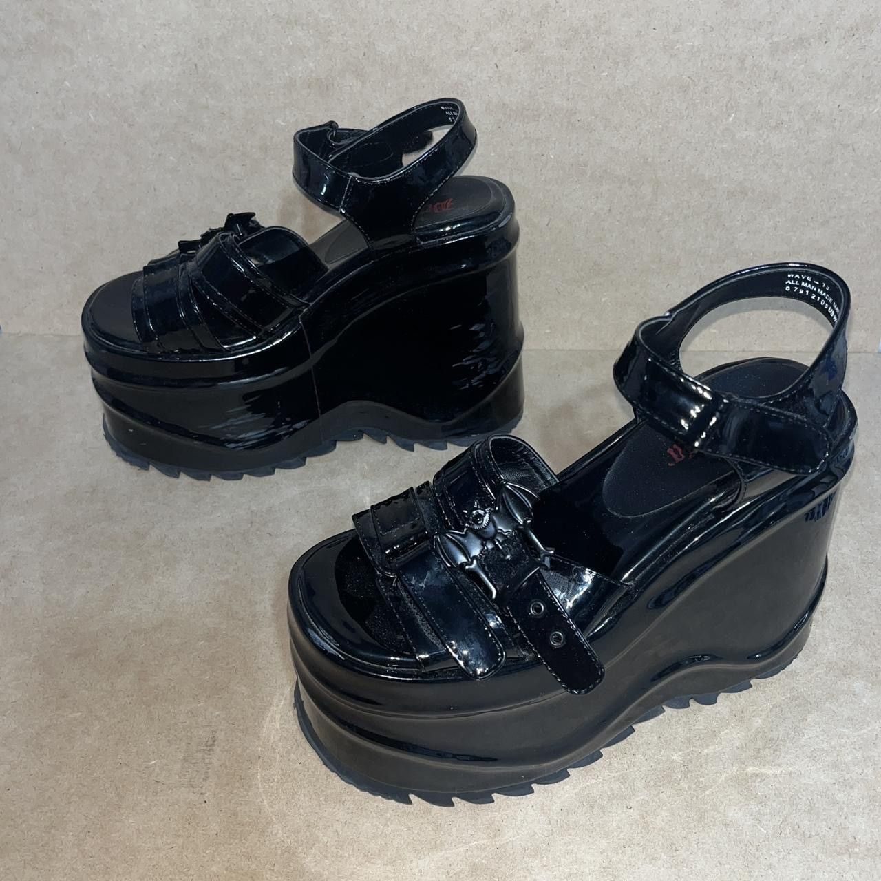 Demonia Wave 13 Goth Bat Buckle Sandals Shoes shiny Black
