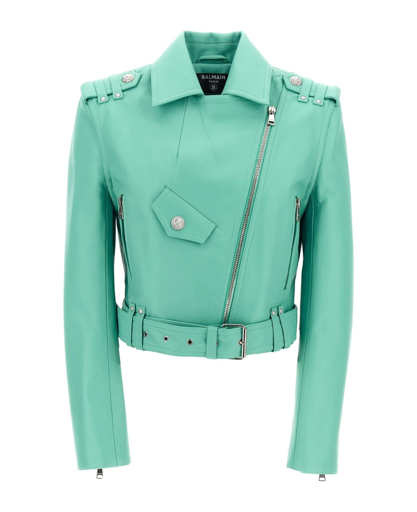 Balmain o1s1wg110825 Biker Belted Jacket in Light Blue Size M / US 6-8 / IT 42-44 - 1 Thumbnail