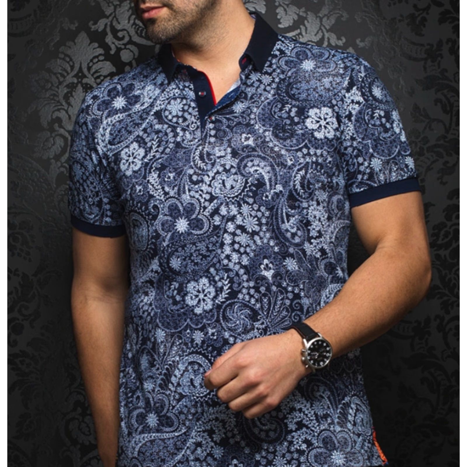 Au Noir Au Noir Polo Shirt Navy Vector Polo Shirt Mens XL Cotton Short Sleeve Collared Button 100% Mercerized Cotton Paisley Vintage City Classic Size US XL / EU 56 / 4 - 2 Thumbnail