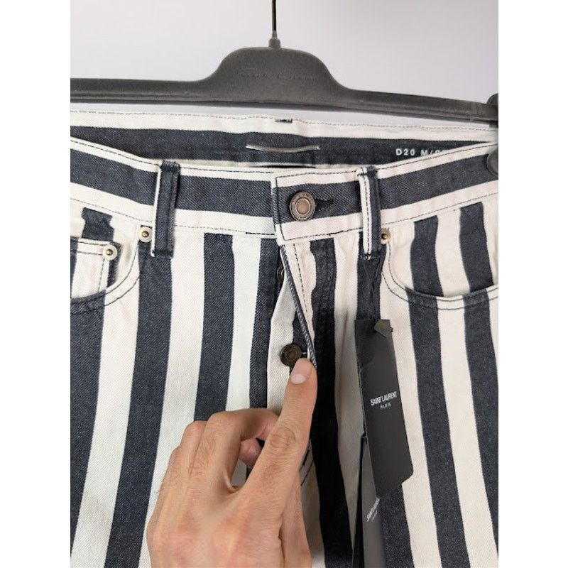 Saint Laurent Paris o1rshd1 Fold Bespoke Stripe Straight Denim Jeans Black/White Size US 30 / EU 46 - 7 Thumbnail