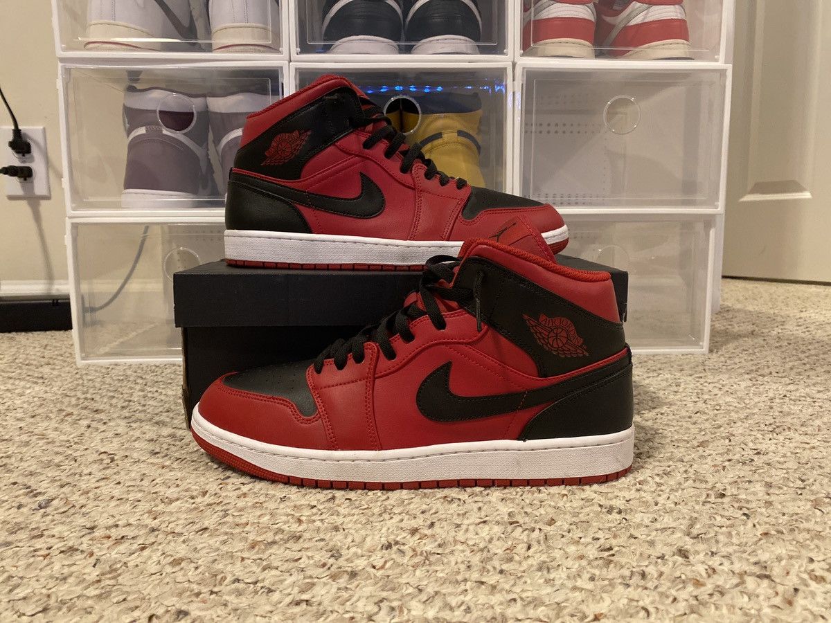 image of Jordan Brand 1 Mid Reverse Bred Shoes in Black, Men's (Size 12)