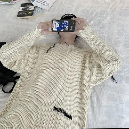 VIBE Korean fashion beige distressed knit sweater knitwear Size US L / EU 52-54 / 3 - 3 Thumbnail