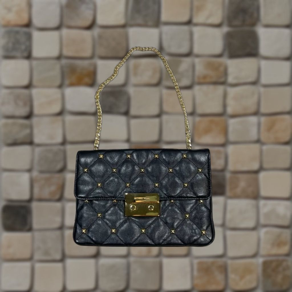 Michael Kors Sloan Quilt Bag Womens Shoulder Bag Leather Quilted Chain Strap Black Medium