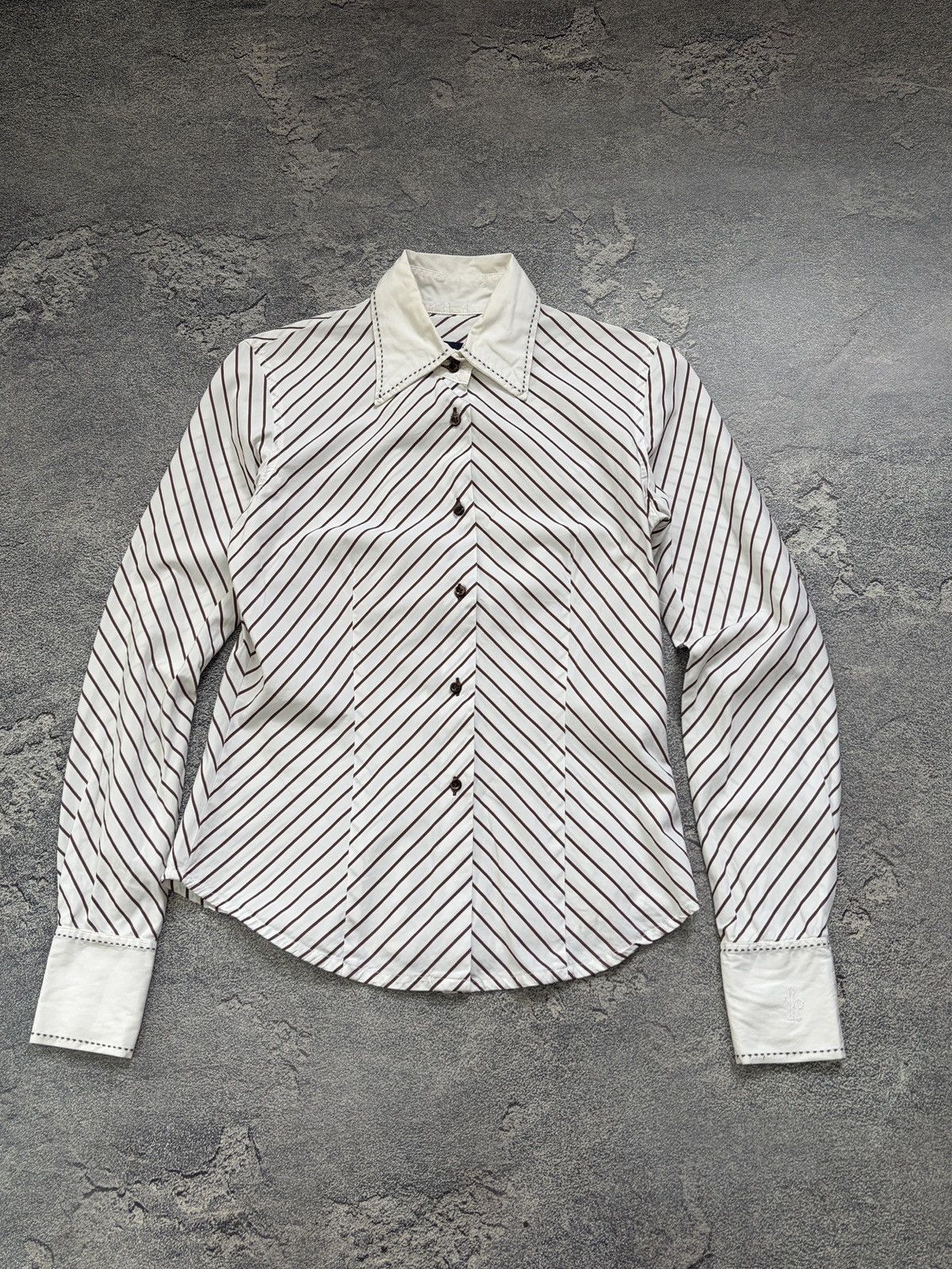 Moncler Moncler Brown White Chevron Stripe Dagger Collar Shirt Sz 46 Size L / US 10 / IT 46 - 1 Thumbnail
