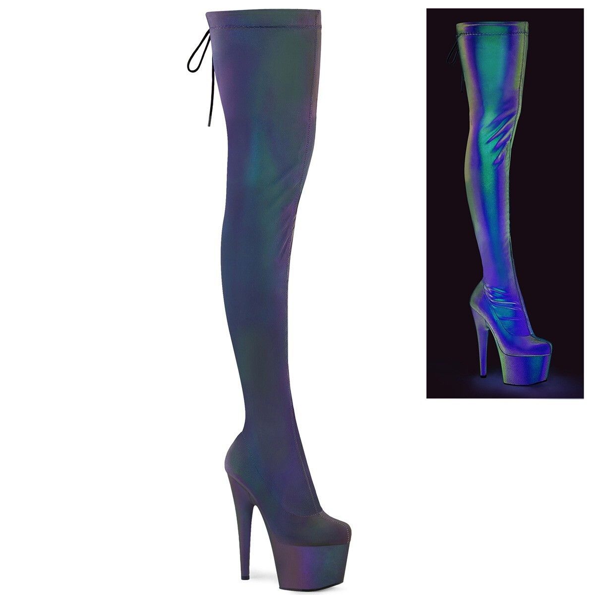 Pleaser Reflective Stretch Thigh High Platform 7 Inch High H