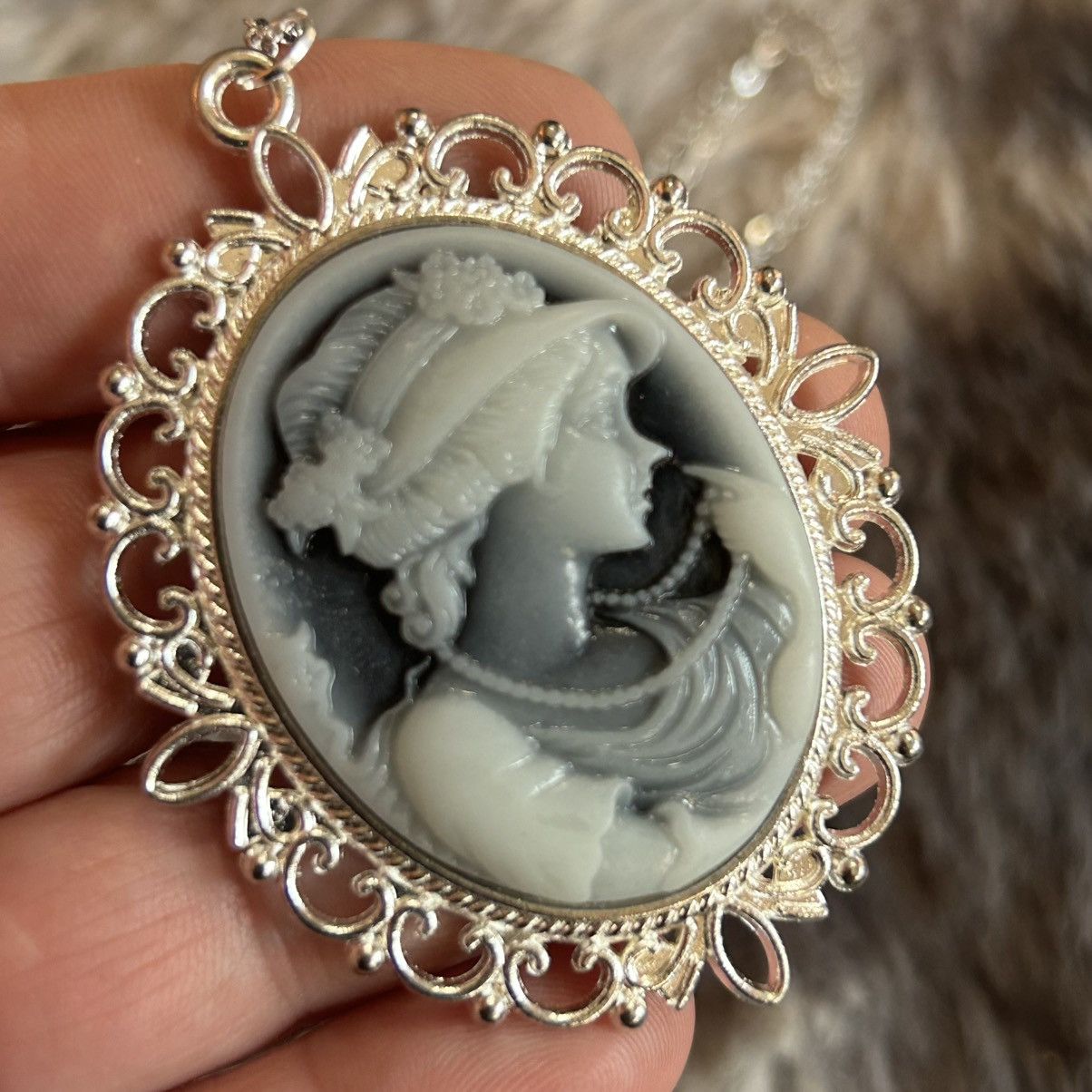 Handmade Handcrafted charcoal opalescent Victorian lady necklace Size ONE SIZE - 1 Thumbnail