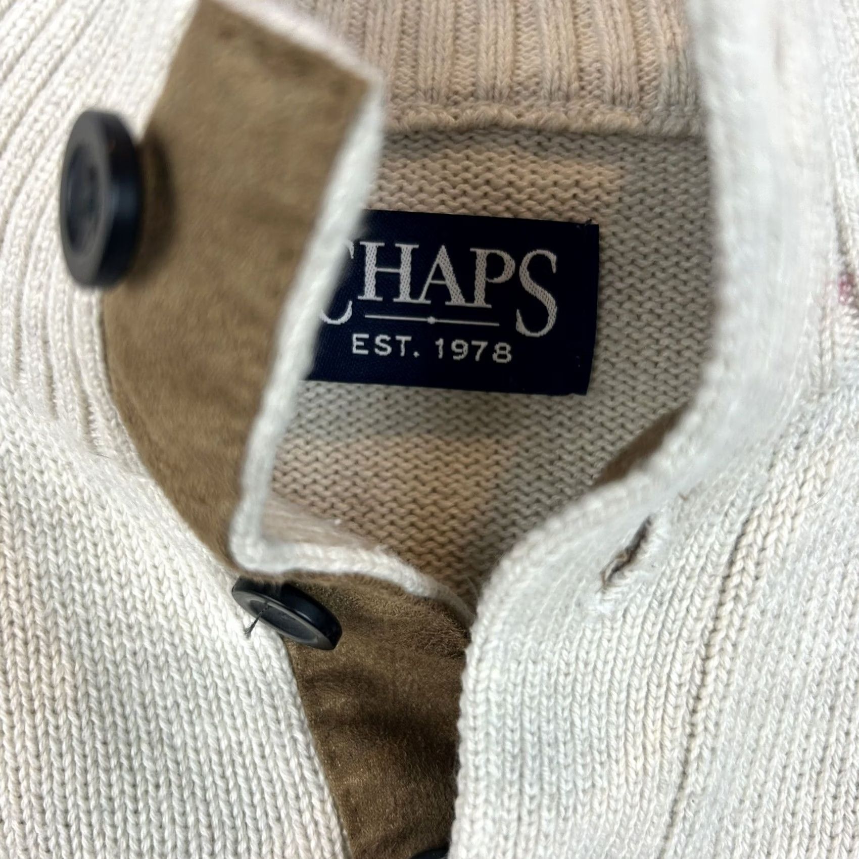 Chaps Chaps Sweater Mens L Ivory Quarter Button Knit Cotton Brown Elbow Patch Read Size US L / EU 52-54 / 3 - 3 Thumbnail