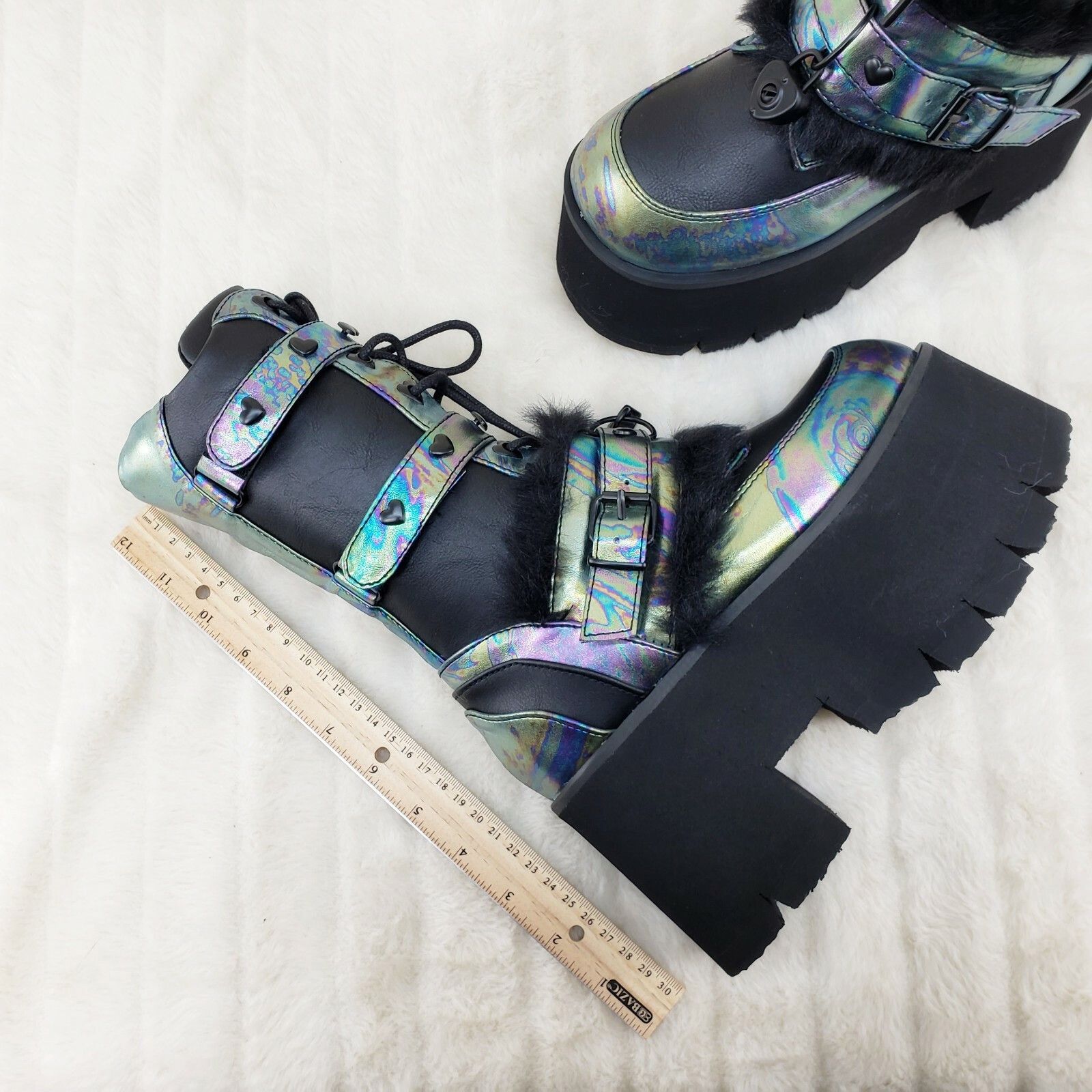 Demonia Cult DEMONIA Ashes 120 Black Faux Fur 3.5" Platform Heel Goth Pu Size US 11 / IT 41 - 9 Thumbnail