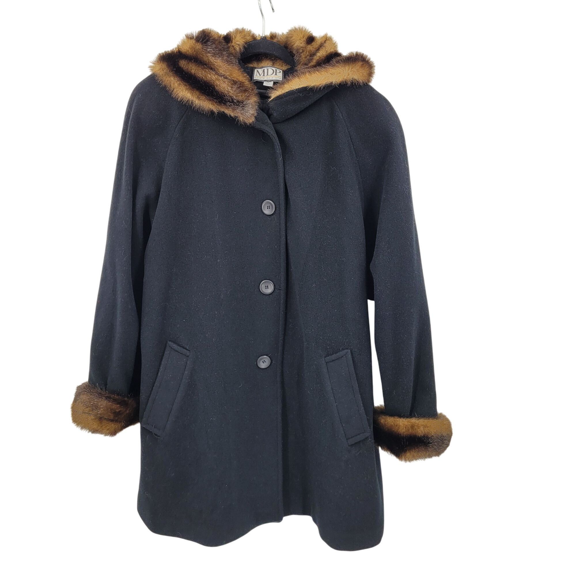 Vintage Vintage 80s Black Wool Coat 2X Faux Fur Hood Cuffs Button Fr Size XXL / US 16-18 / IT 52-54 - 11 Thumbnail