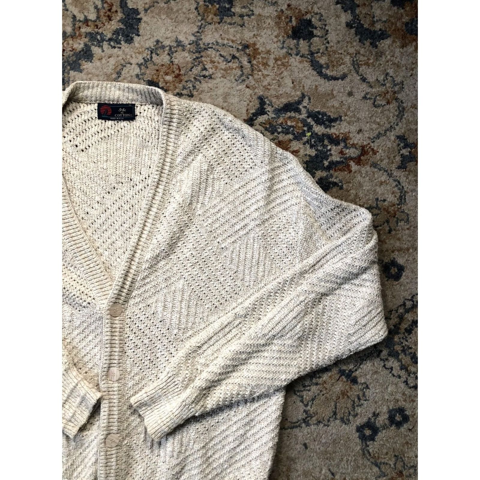 Vintage VINTAGE Isle of Cotton Cardigan Shirt XL Beige Knit Button Geometric Open-Knit V-Neck Mens 80s Size US XL / EU 56 / 4 - 4 Thumbnail
