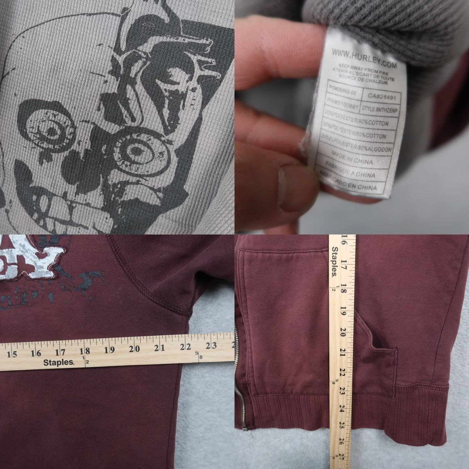 Hurley Vintage Hurley Hoodie Mens L Burgundy Zip Up Sweatshirt 90s Grunge Retro Full Zip Lined Skate Y2K Hoodie Size US L / EU 52-54 / 3 - 9 Thumbnail