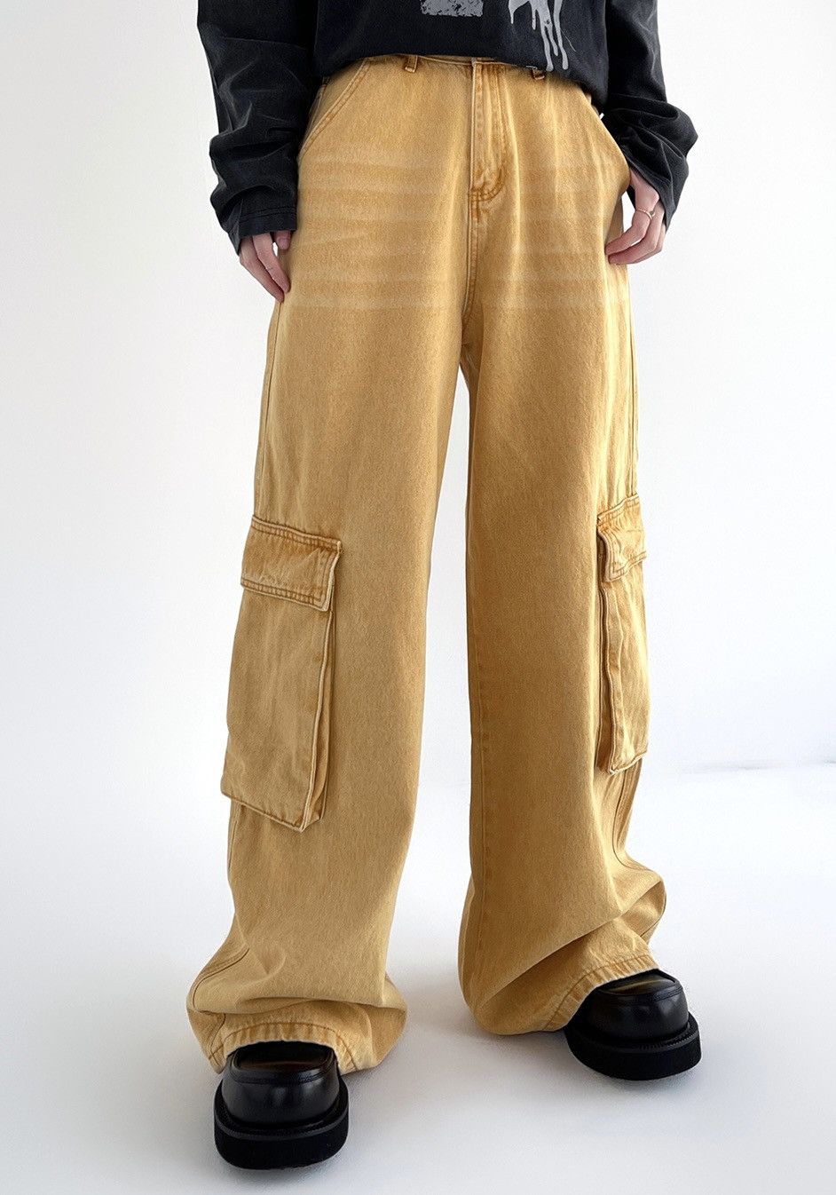 image of Vintage Retro Faded Cleanfit Baggy Cargo Pants in Yellow, Men's (Size 30)