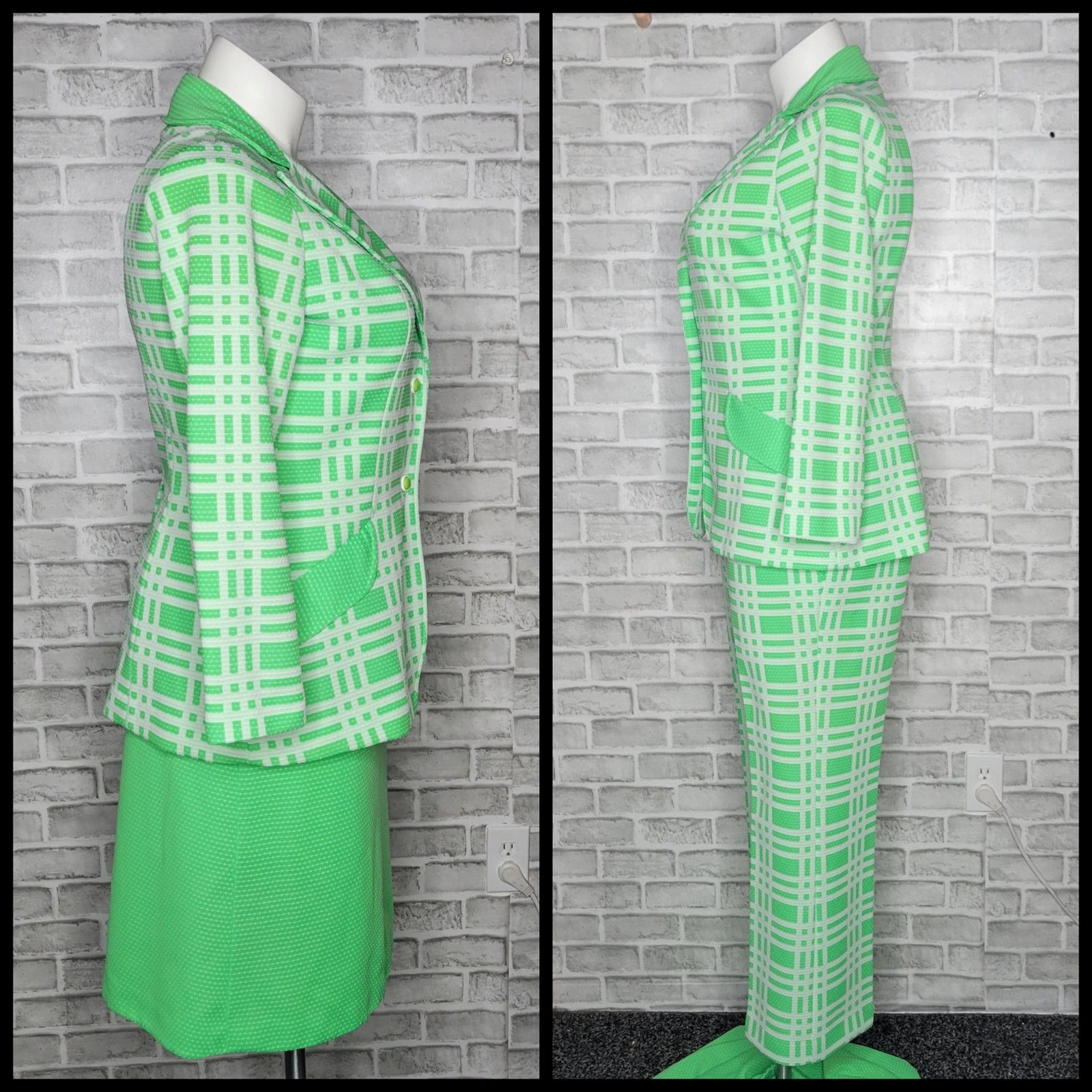 Vintage Vintage Neon Green/White Plaid & Polka Dot 3 Piece Set Size 34" / US 12 / IT 48 - 2 Thumbnail