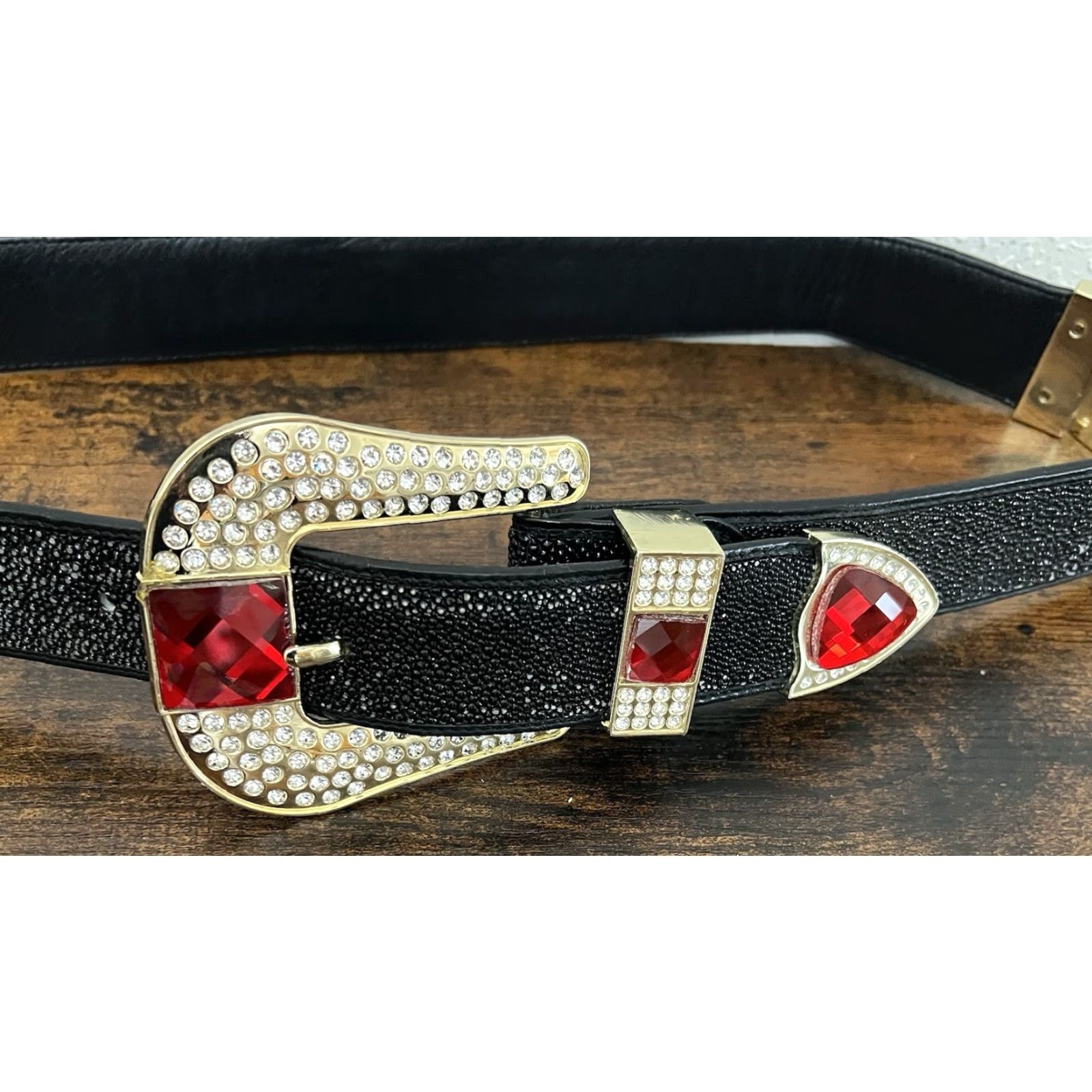 Vintage VINTAGE Los Altos Boots Belt Western Cowboy Stingray Buckle Rhinestone 36 Black Mens Buckle Bling 90s Size 36 - 4 Thumbnail