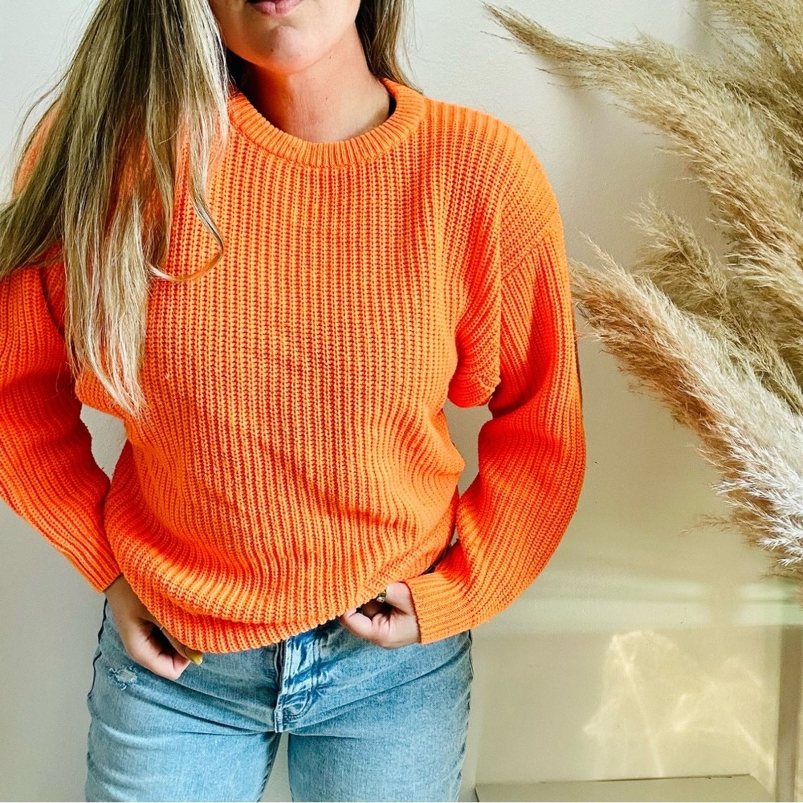 Express EXPRESS Neon Orange Chunky Knit Tunic Pullover Crew Sweater Size M / US 6-8 / IT 42-44 - 14 Thumbnail
