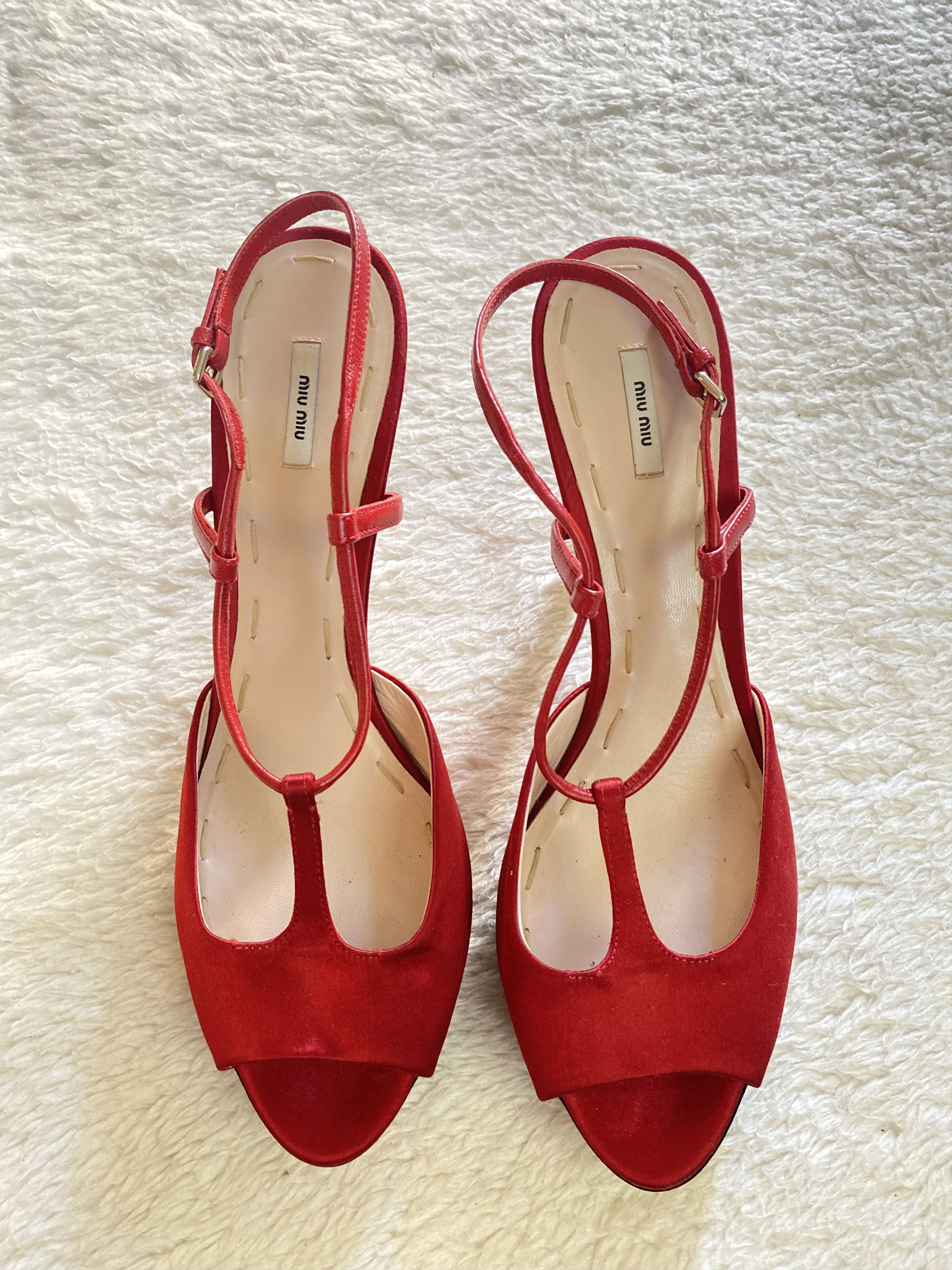 Miu Miu Miu Miu Silk Peep Toe Sandals – Red & Black Size US 10 / IT 40 - 2 Thumbnail