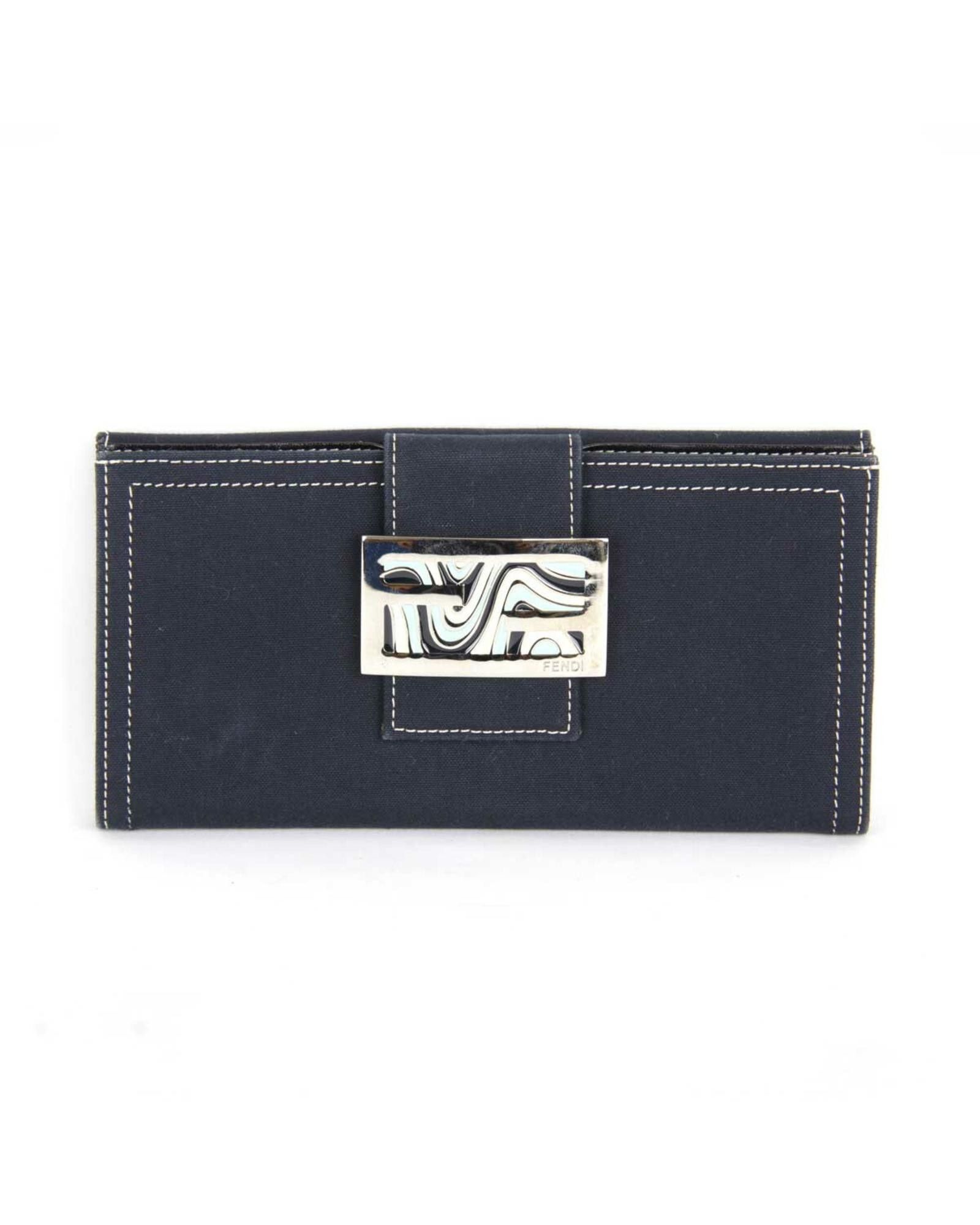 image of Fendi Navy Canvas And Leather Long Wallet, Women's